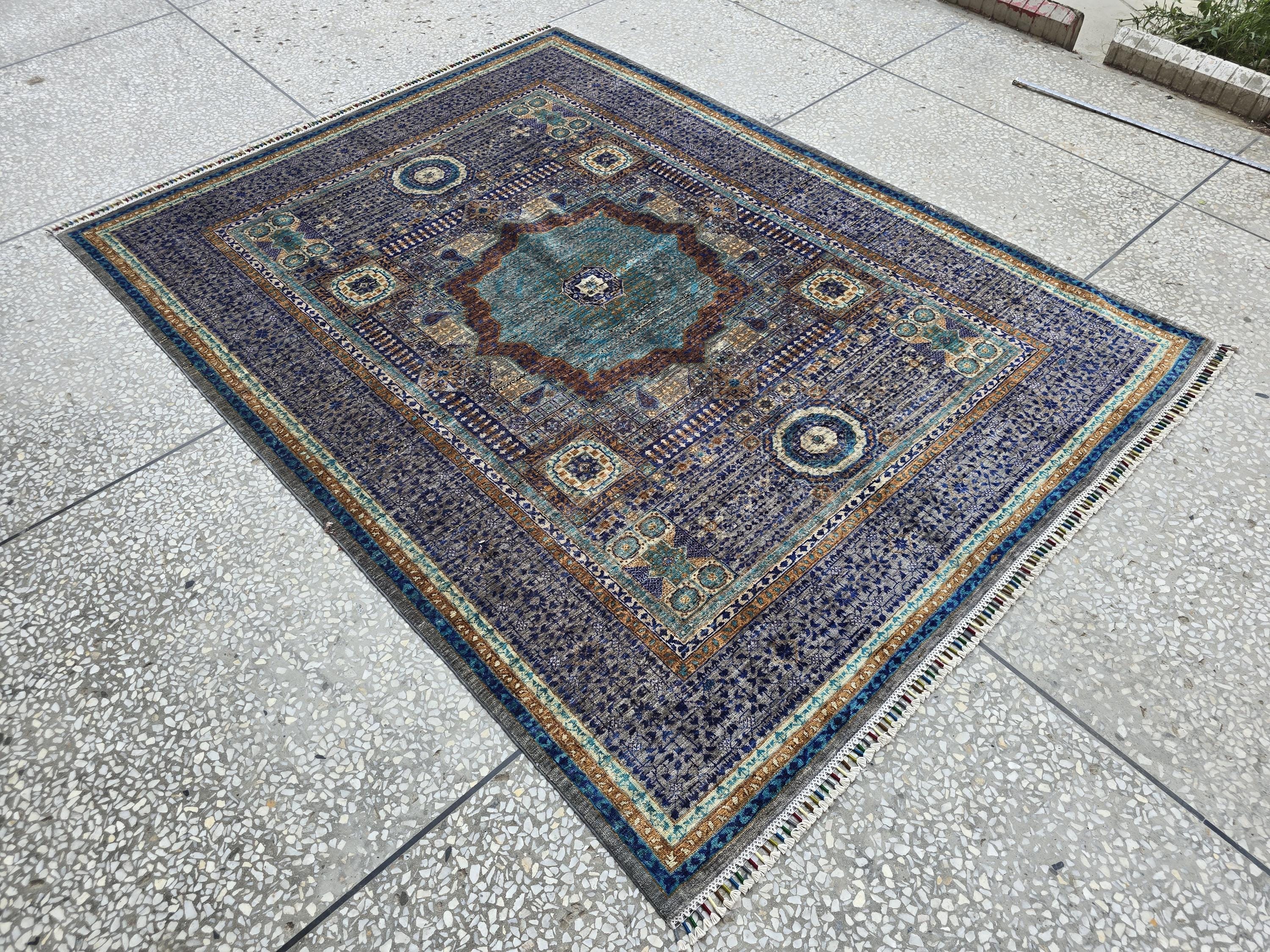 Modern Mamluk Rug 6.6x5.7 ft – Handwoven Afghan Carpet | Blue, Teal, Rust & Beige Oriental Design | Handmade Wool Area Rug 203 x 174cm19