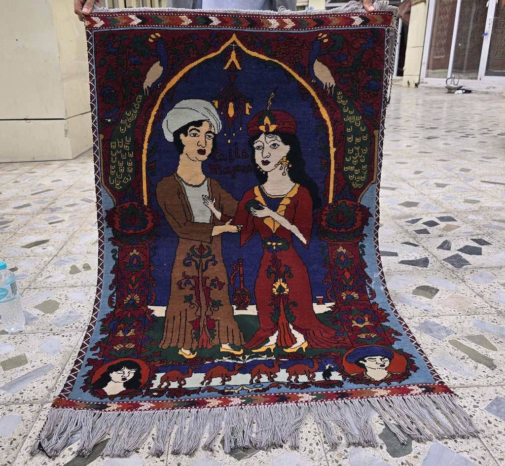 3x4 Laila Majnu Pictorial Rug Wall Hanging | Handmade Afghan Art Rug | Tribal Wool Wall Decor | Oriental Storytelling Tapestry, Wall Decor