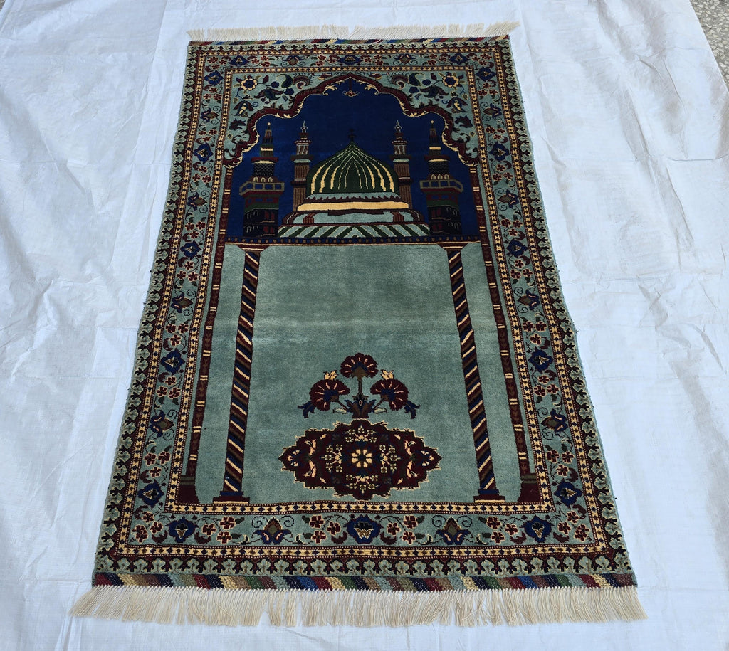 Afghan Prayer Mat Rug 4.6x2.8 ft – Soft Pile Beljik Design | Green & Blue Mosque Motif | Handmade Wool Islamic Prayer Rug | Wall Hanging