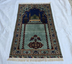 Afghan Prayer Mat Rug 4.6x2.8 ft – Soft Pile Beljik Design | Green & Blue Mosque Motif | Handmade Wool Islamic Prayer Rug | Wall Hanging