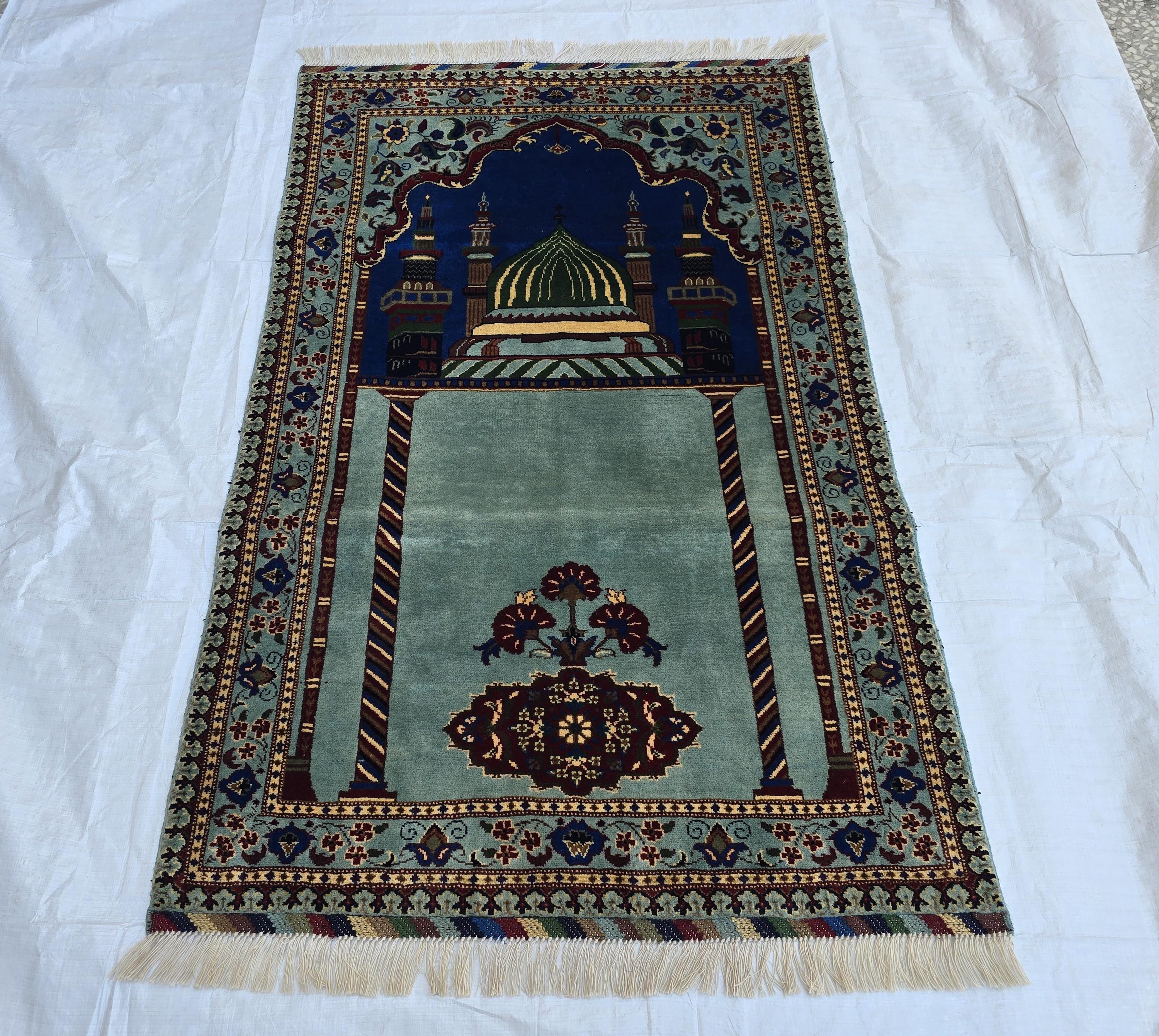 Afghan Prayer Mat Rug 4.6x2.8 ft – Soft Pile Beljik Design | Green & Blue Mosque Motif | Handmade Wool Islamic Prayer Rug | Wall Hanging