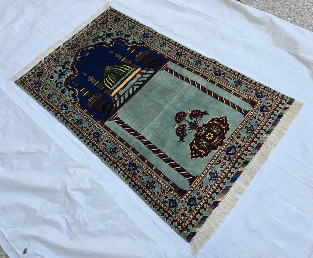 Afghan Prayer Mat Rug 4.6x2.8 ft – Soft Pile Beljik Design | Green & Blue Mosque Motif | Handmade Wool Islamic Prayer Rug | Wall Hanging