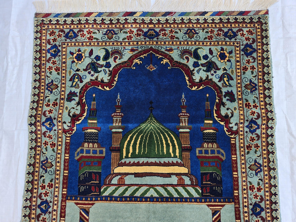 Afghan Prayer Mat Rug 4.6x2.8 ft – Soft Pile Beljik Design | Green & Blue Mosque Motif | Handmade Wool Islamic Prayer Rug | Wall Hanging