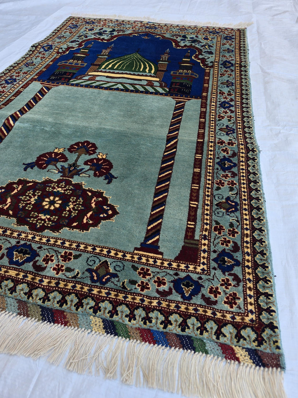 Afghan Prayer Mat Rug 4.6x2.8 ft – Soft Pile Beljik Design | Green & Blue Mosque Motif | Handmade Wool Islamic Prayer Rug | Wall Hanging