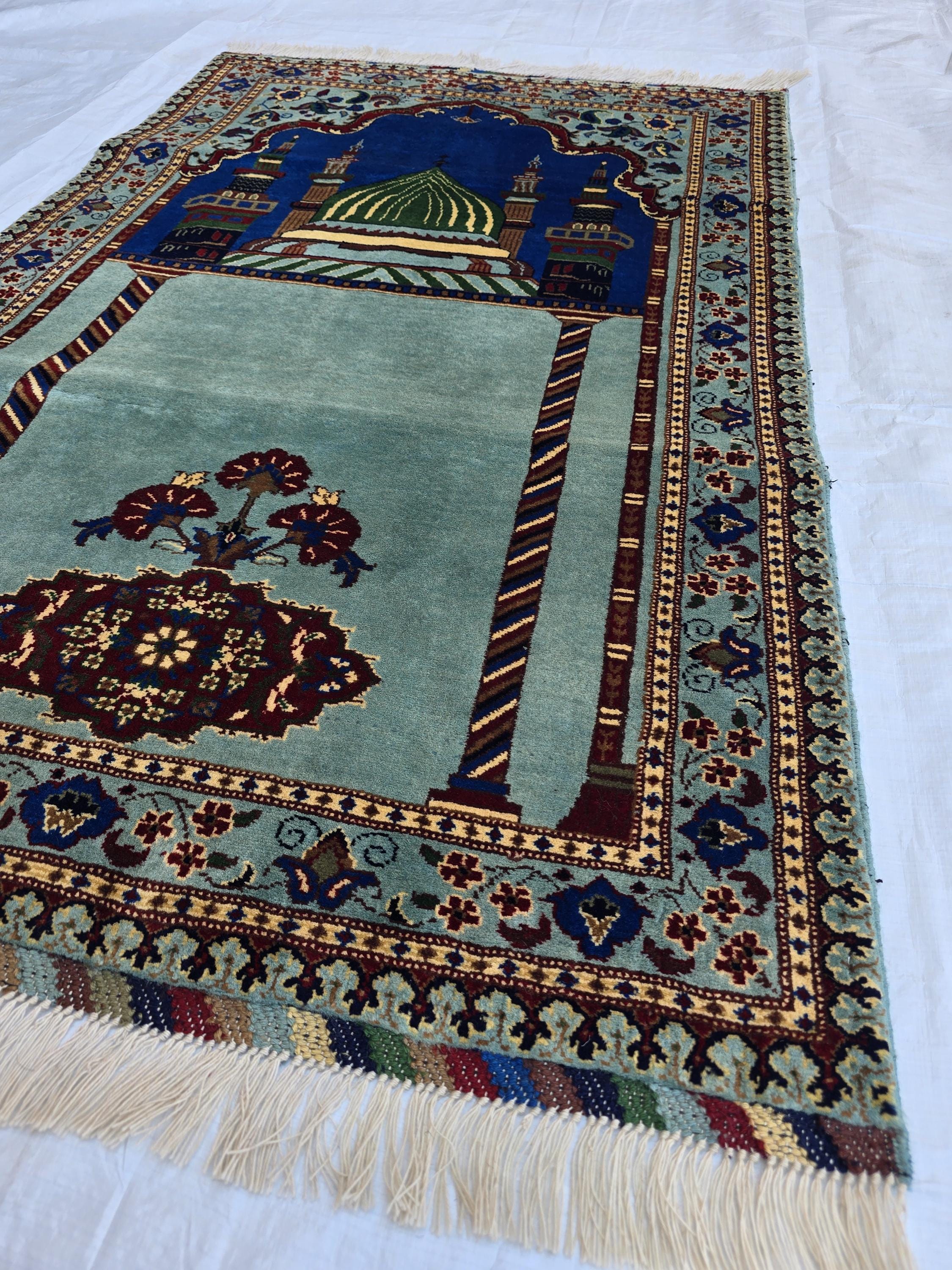 Afghan Prayer Mat Rug 4.6x2.8 ft – Soft Pile Beljik Design | Green & Blue Mosque Motif | Handmade Wool Islamic Prayer Rug | Wall Hanging
