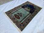 Afghan Prayer Mat Rug 4.6x2.8 ft – Soft Pile Beljik Design | Green & Blue Mosque Motif | Handmade Wool Islamic Prayer Rug | Wall Hanging