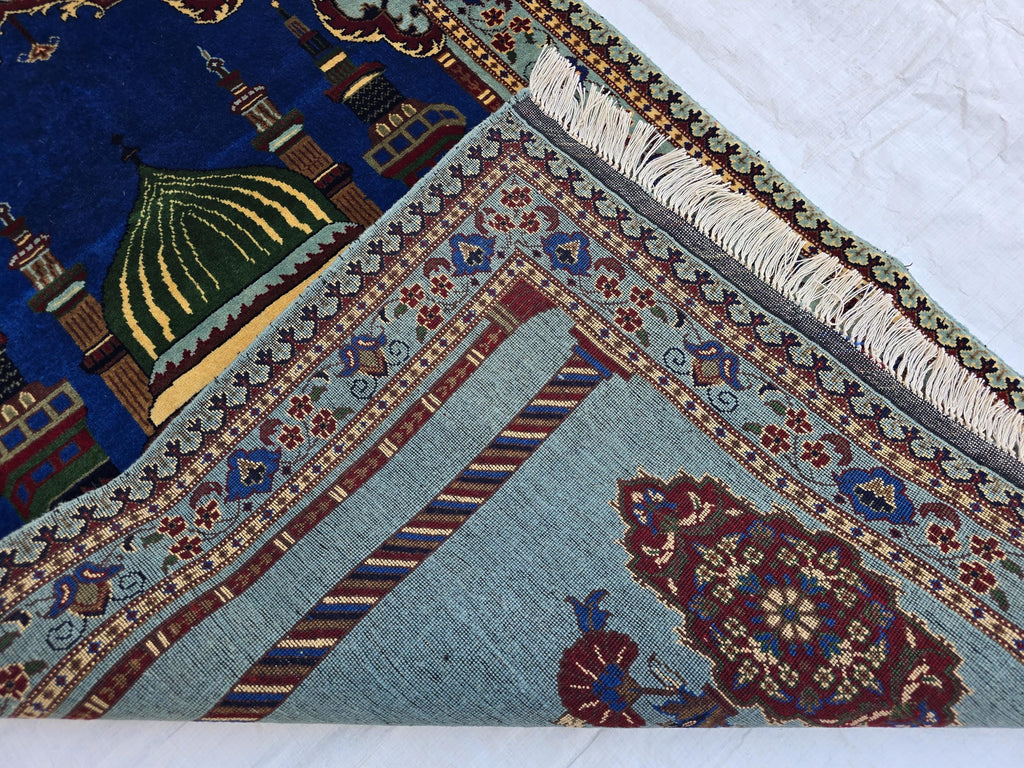 Afghan Prayer Mat Rug 4.6x2.8 ft – Soft Pile Beljik Design | Green & Blue Mosque Motif | Handmade Wool Islamic Prayer Rug | Wall Hanging