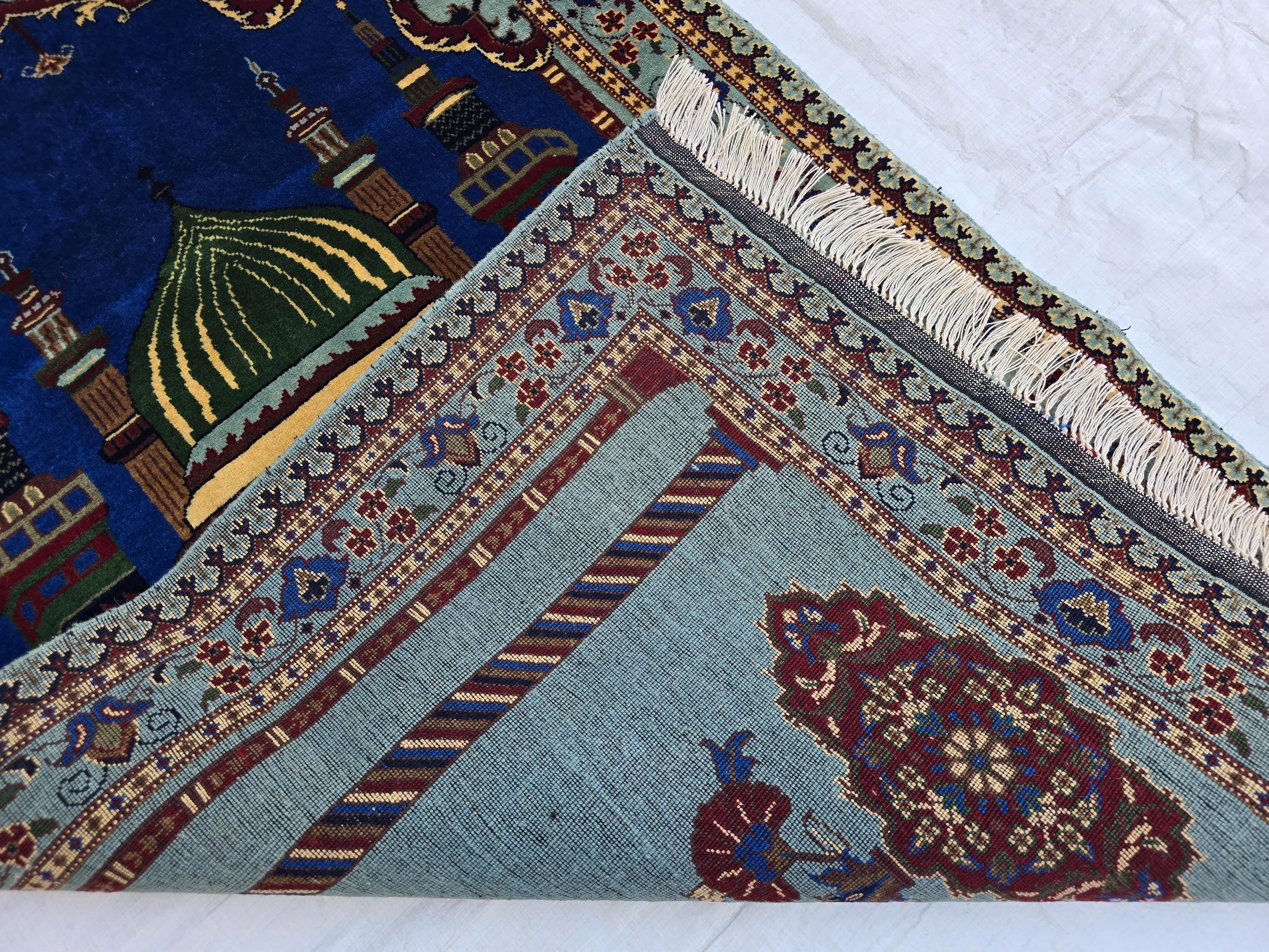 Afghan Prayer Mat Rug 4.6x2.8 ft – Soft Pile Beljik Design | Green & Blue Mosque Motif | Handmade Wool Islamic Prayer Rug | Wall Hanging