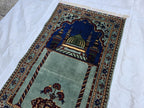 Afghan Prayer Mat Rug 4.6x2.8 ft – Soft Pile Beljik Design | Green & Blue Mosque Motif | Handmade Wool Islamic Prayer Rug | Wall Hanging