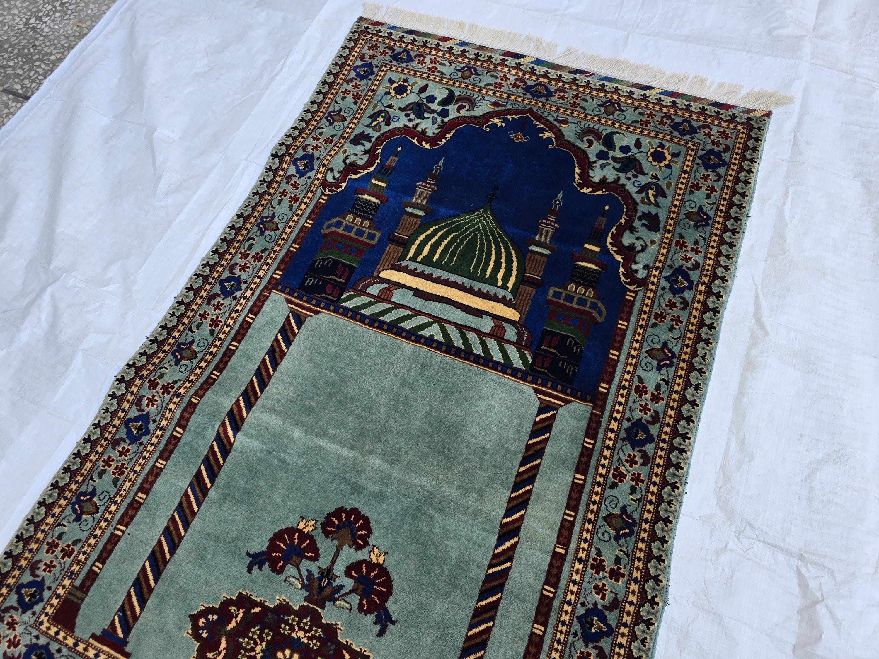 Afghan Prayer Mat Rug 4.6x2.8 ft – Soft Pile Beljik Design | Green & Blue Mosque Motif | Handmade Wool Islamic Prayer Rug | Wall Hanging