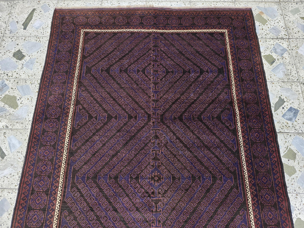 4x8 Vintage Baluchi Rug – Handwoven Tribal Afghan Wool Rug | Dark Geometric Design | Bohemian Floor Decor | Nomadic Carpet Art 233x130 cm