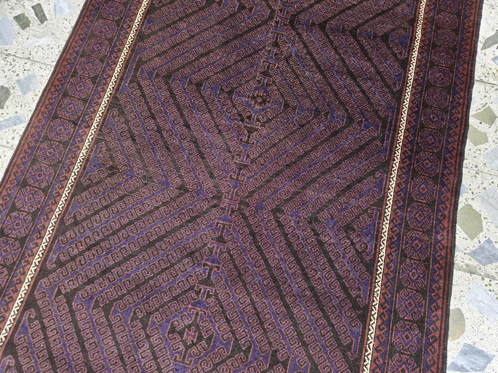 4x8 Vintage Baluchi Rug – Handwoven Tribal Afghan Wool Rug | Dark Geometric Design | Bohemian Floor Decor | Nomadic Carpet Art 233x130 cm