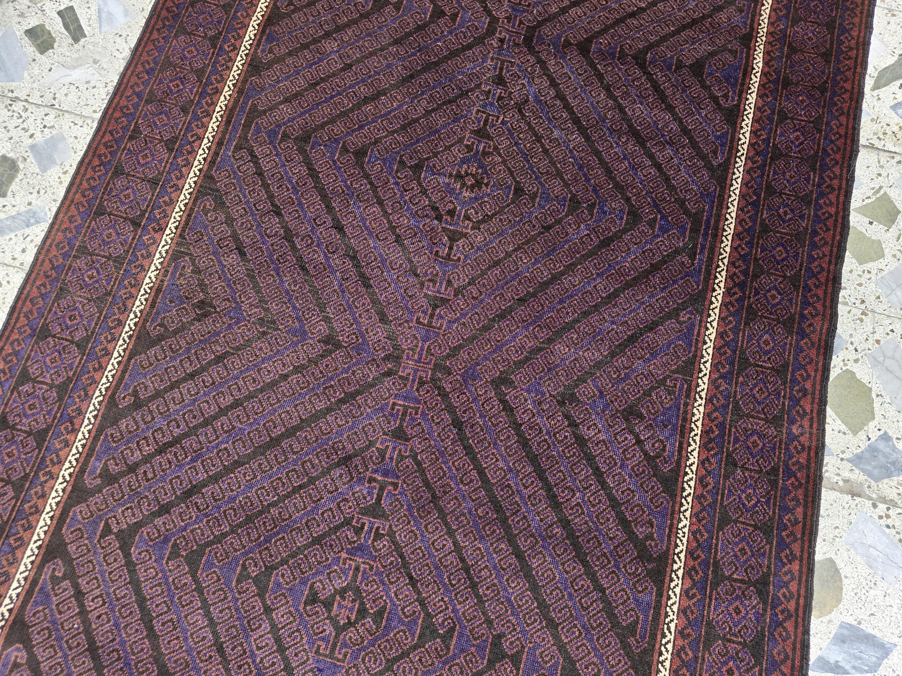 4x8 Vintage Baluchi Rug – Handwoven Tribal Afghan Wool Rug | Dark Geometric Design | Bohemian Floor Decor | Nomadic Carpet Art 233x130 cm