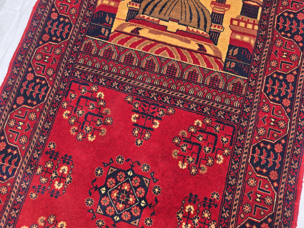Afghan Handwoven Prayer Mat, Soft Pile Beljik Design 4.6x2.8ft, Turkmen Wool Area Rug, Handmade Wool Islamic Prayer Rug | Wall Hanging