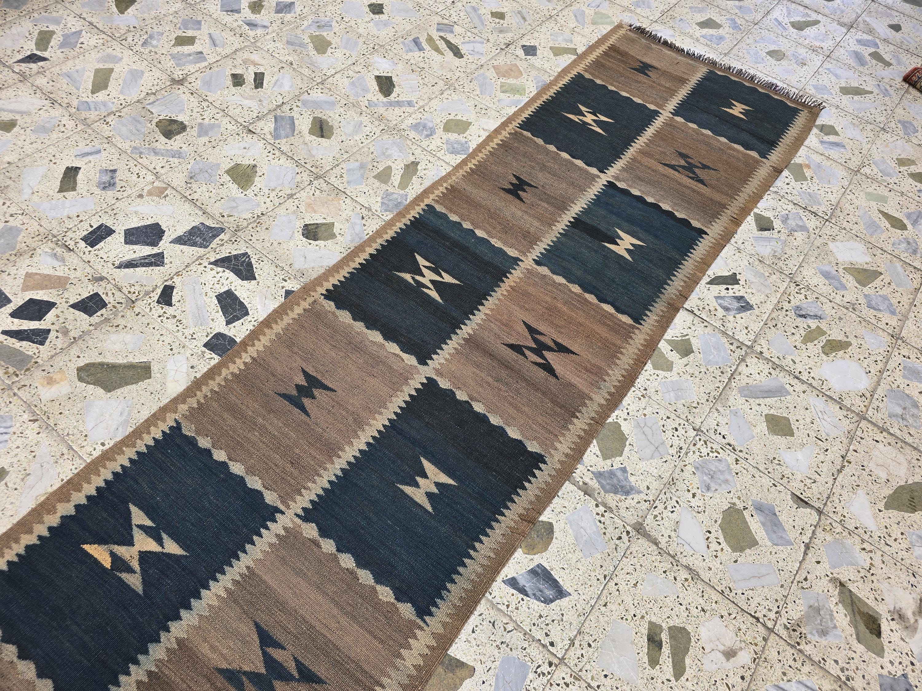 Vintage Kilim Runner Rug 9.9x2.5 ft – Handwoven Afghan Wool Hallway Rug | Tribal Geometric Pattern | Boho Rustic Long Corridor Carpet