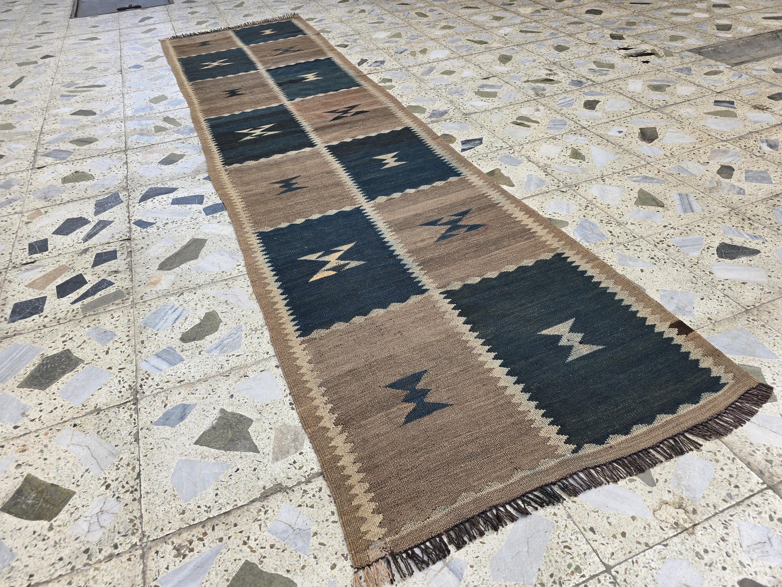 Vintage Kilim Runner Rug 9.9x2.5 ft – Handwoven Afghan Wool Hallway Rug | Tribal Geometric Pattern | Boho Rustic Long Corridor Carpet