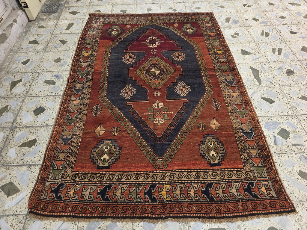 Antique Persian Caucasian Kafkas Rug – 5x7 ft | Hand-Knotted Wool Rug | 105 Years Old | Red, Navy, Olive, Gold | Tribal Collectible Area Rug