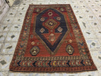 Antique Persian Caucasian Kafkas Rug – 5x7 ft | Hand-Knotted Wool Rug | 105 Years Old | Red, Navy, Olive, Gold | Tribal Collectible Area Rug
