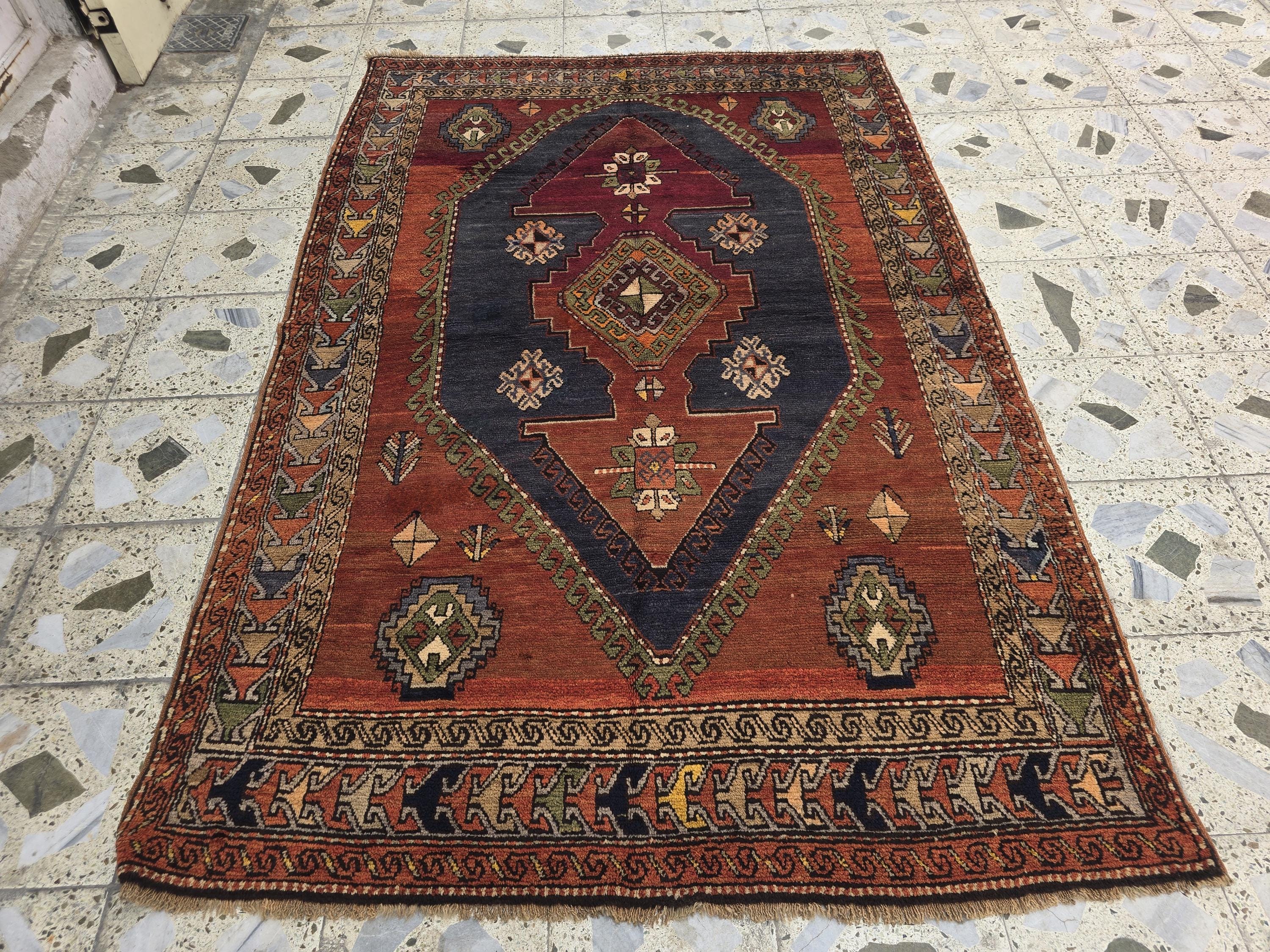 Antique Persian Caucasian Kafkas Rug – 5x7 ft | Hand-Knotted Wool Rug | 105 Years Old | Red, Navy, Olive, Gold | Tribal Collectible Area Rug