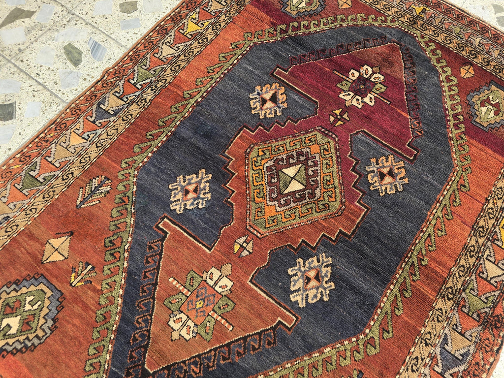 Antique Persian Caucasian Kafkas Rug – 5x7 ft | Hand-Knotted Wool Rug | 105 Years Old | Red, Navy, Olive, Gold | Tribal Collectible Area Rug
