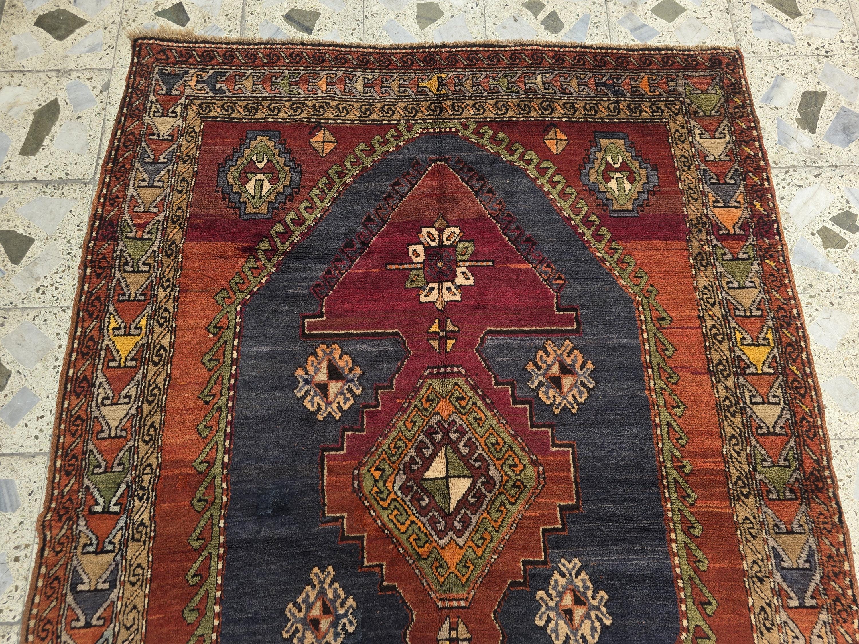 Antique Persian Caucasian Kafkas Rug – 5x7 ft | Hand-Knotted Wool Rug | 105 Years Old | Red, Navy, Olive, Gold | Tribal Collectible Area Rug