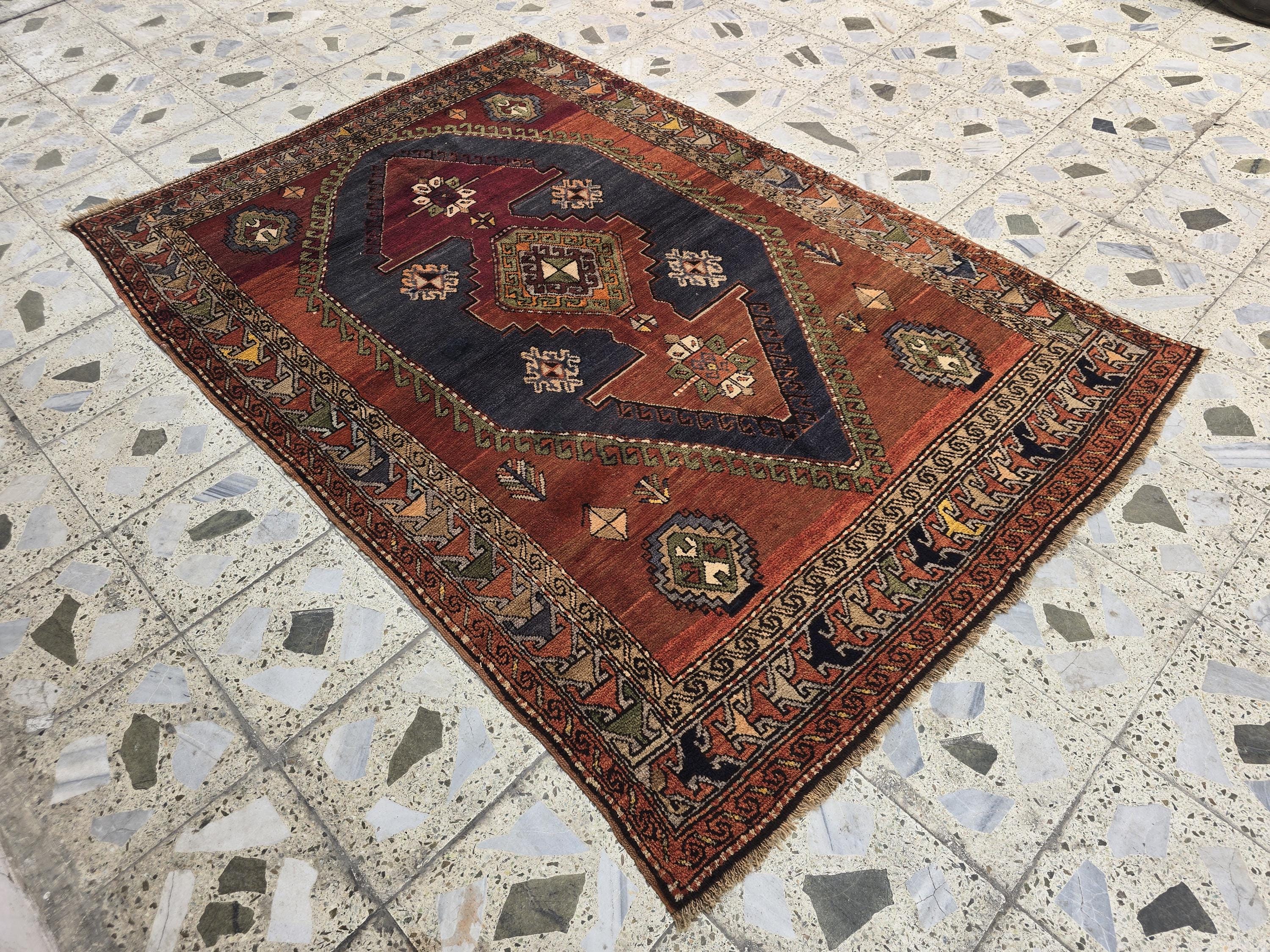 Antique Persian Caucasian Kafkas Rug – 5x7 ft | Hand-Knotted Wool Rug | 105 Years Old | Red, Navy, Olive, Gold | Tribal Collectible Area Rug
