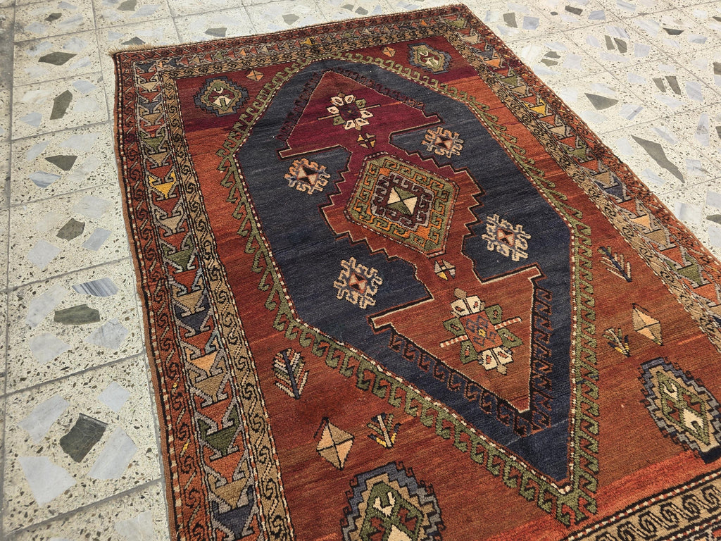 Antique Persian Caucasian Kafkas Rug – 5x7 ft | Hand-Knotted Wool Rug | 105 Years Old | Red, Navy, Olive, Gold | Tribal Collectible Area Rug