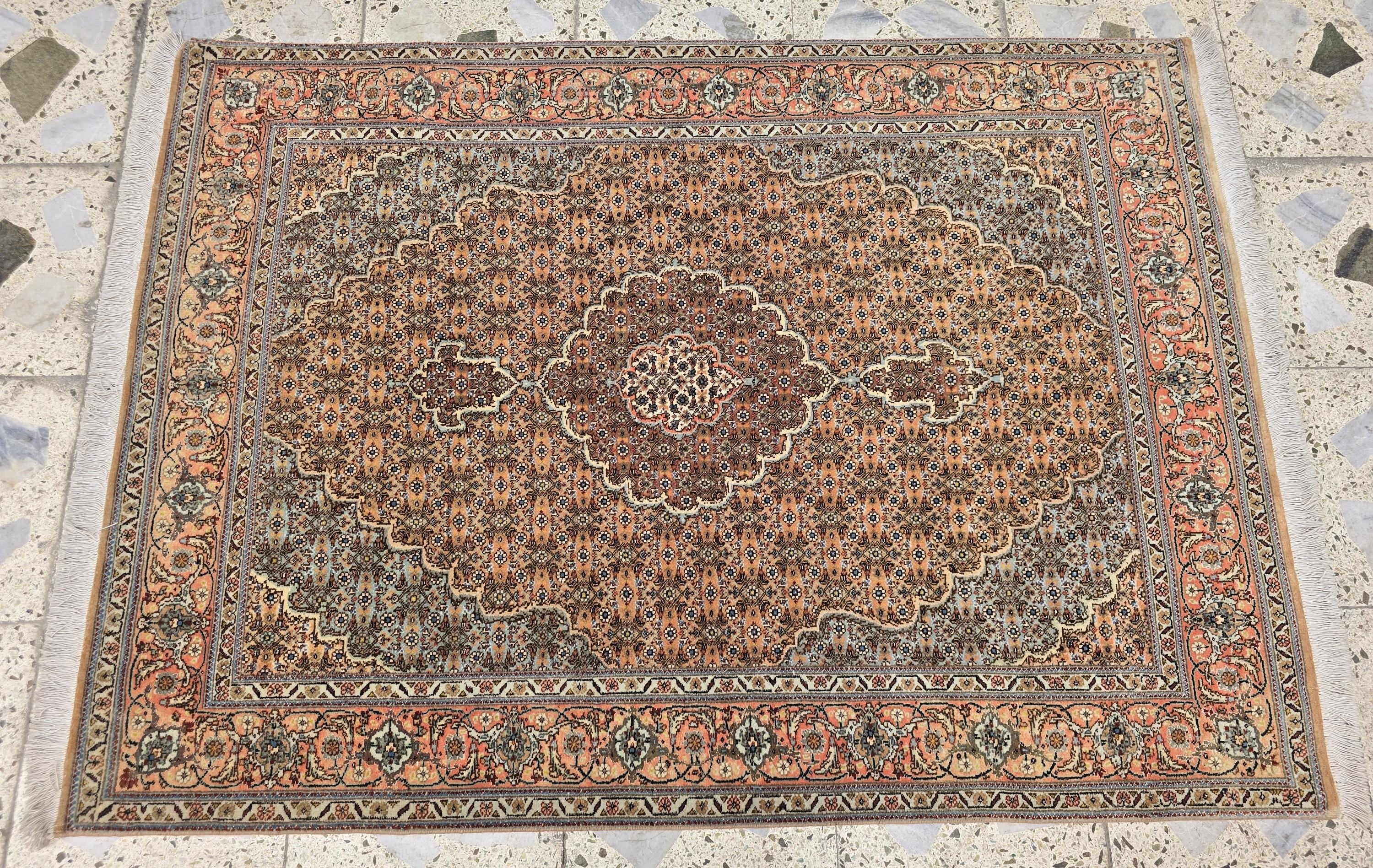 3x5ft Vintage Tabriz Persian Rug – Hand-Knotted Wool Rug, Peach & Blue Medallion Design, Floral Border, Collectible Oriental Carpet