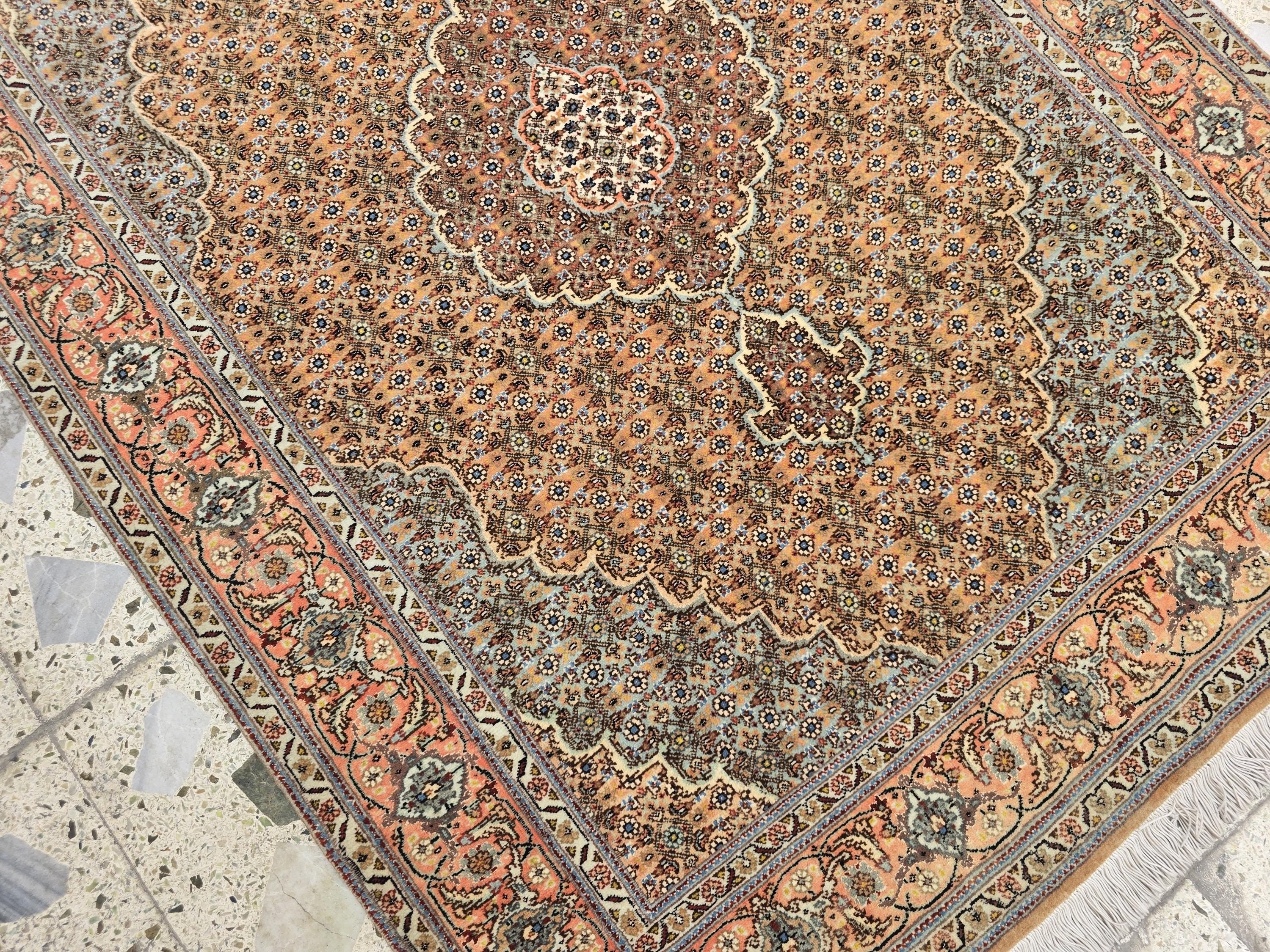 3x5ft Vintage Tabriz Persian Rug – Hand-Knotted Wool Rug, Peach & Blue Medallion Design, Floral Border, Collectible Oriental Carpet