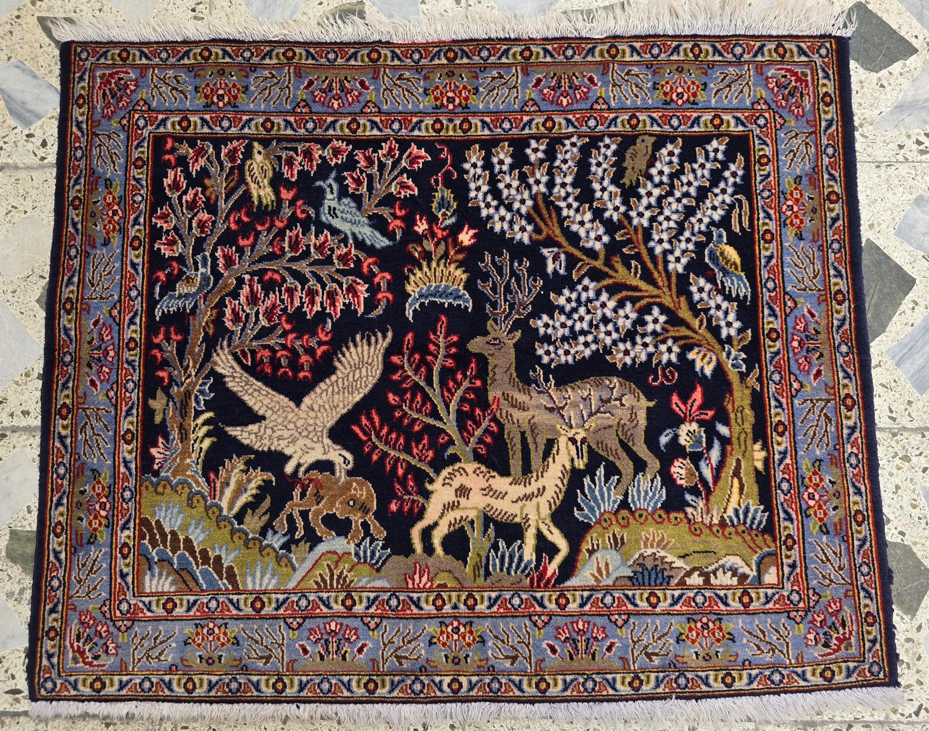 Wall Decor Kashan Hunter Rug 3x2ft – Vintage Persian Wall Hanging, Hand-Knotted Wool Rug with Hunting Scene, Collectible Art Tapestry