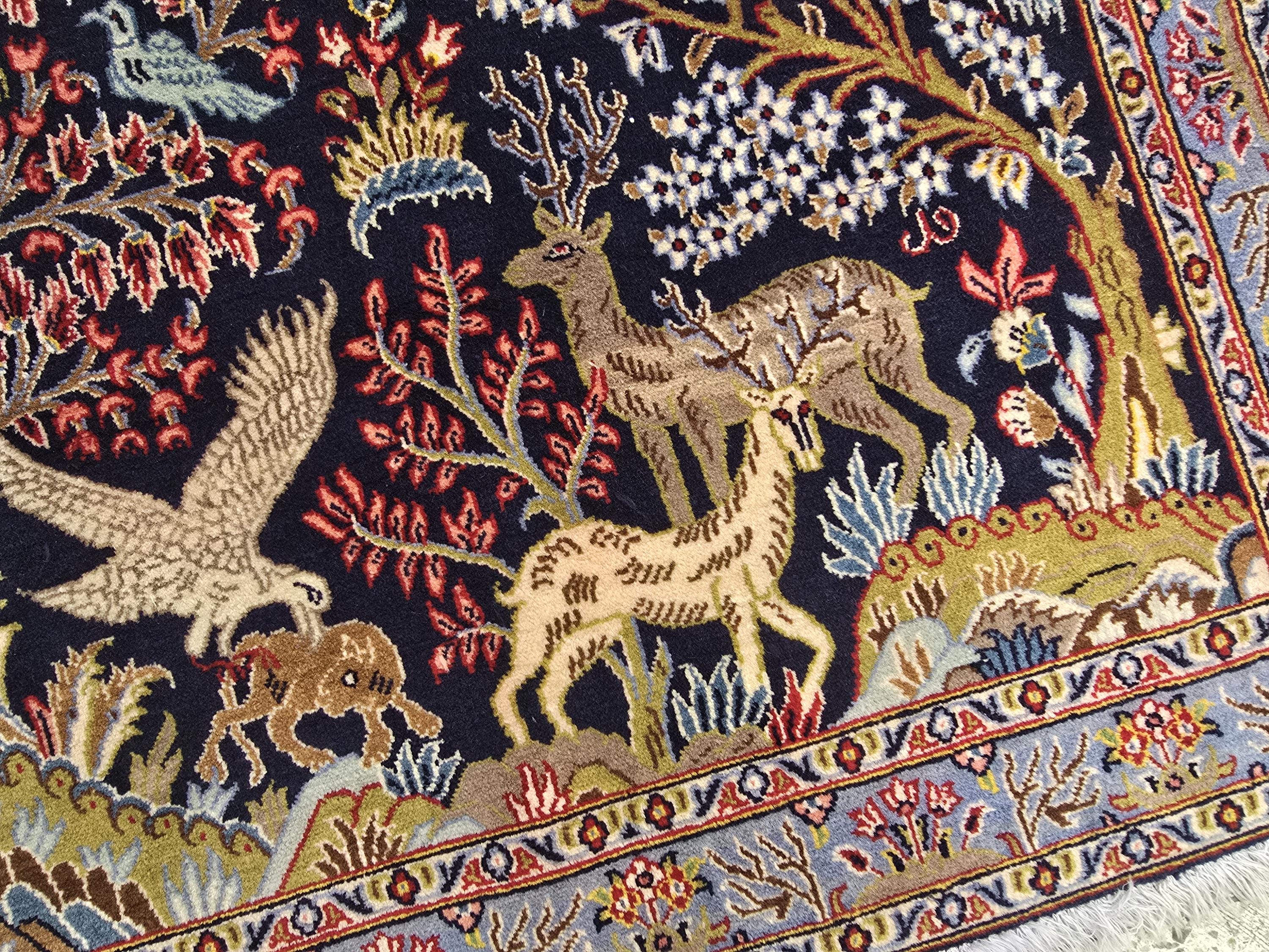 Wall Decor Kashan Hunter Rug 3x2ft – Vintage Persian Wall Hanging, Hand-Knotted Wool Rug with Hunting Scene, Collectible Art Tapestry