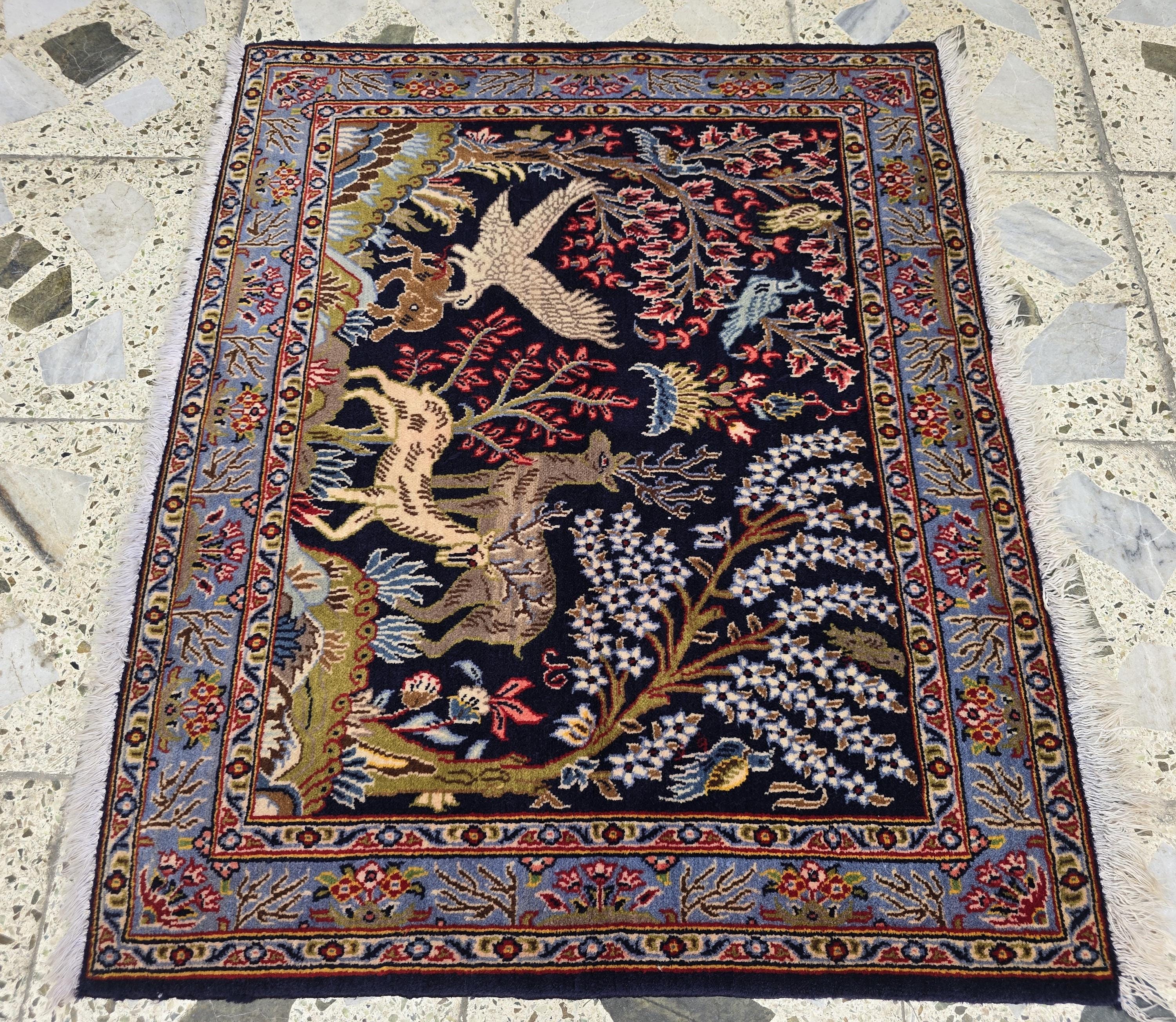 Wall Decor Kashan Hunter Rug 3x2ft – Vintage Persian Wall Hanging, Hand-Knotted Wool Rug with Hunting Scene, Collectible Art Tapestry