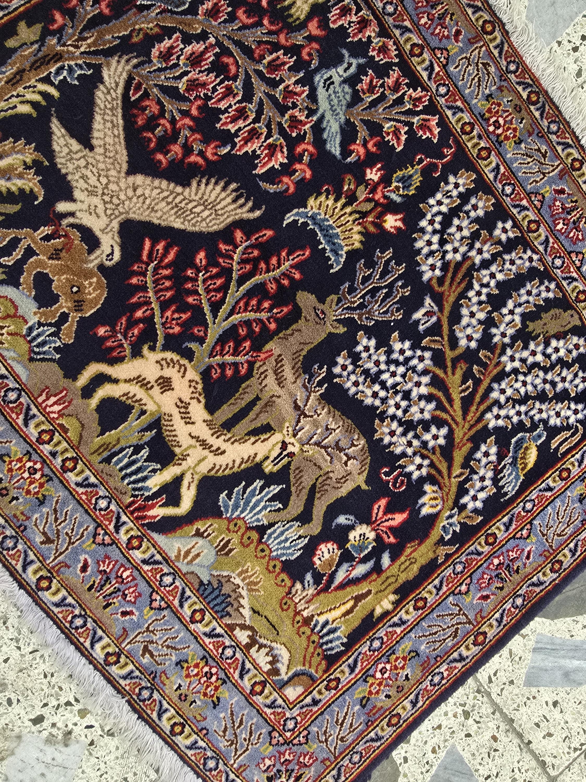 Wall Decor Kashan Hunter Rug 3x2ft – Vintage Persian Wall Hanging, Hand-Knotted Wool Rug with Hunting Scene, Collectible Art Tapestry