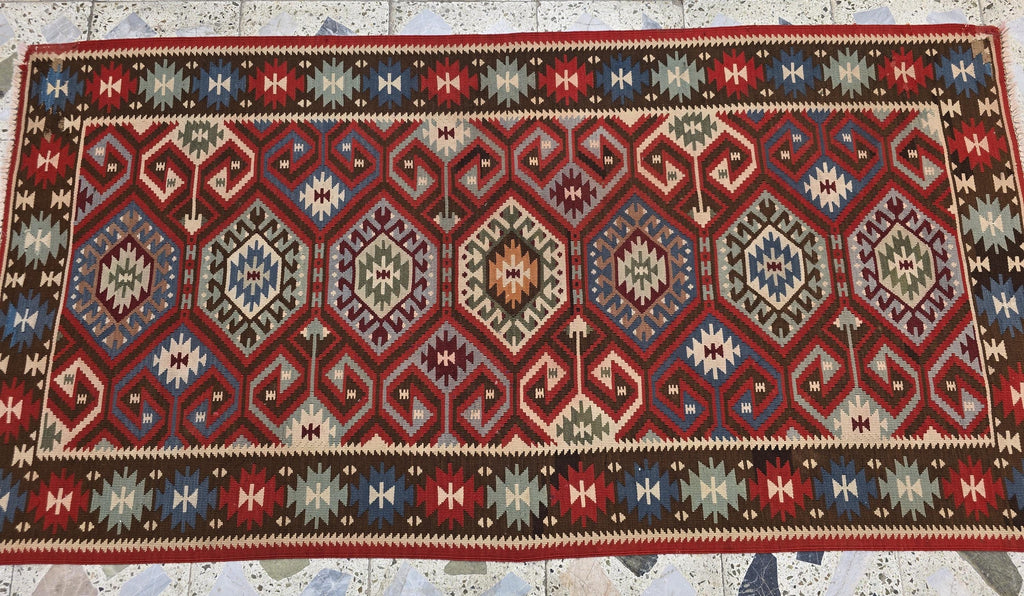 3x6 Afghan Kilim Rug – Tribal Geometric Pattern, Red Multicolor Flatweave Runner – Handmade Wool Boho Decor, Medium Hallway Entrance Rug