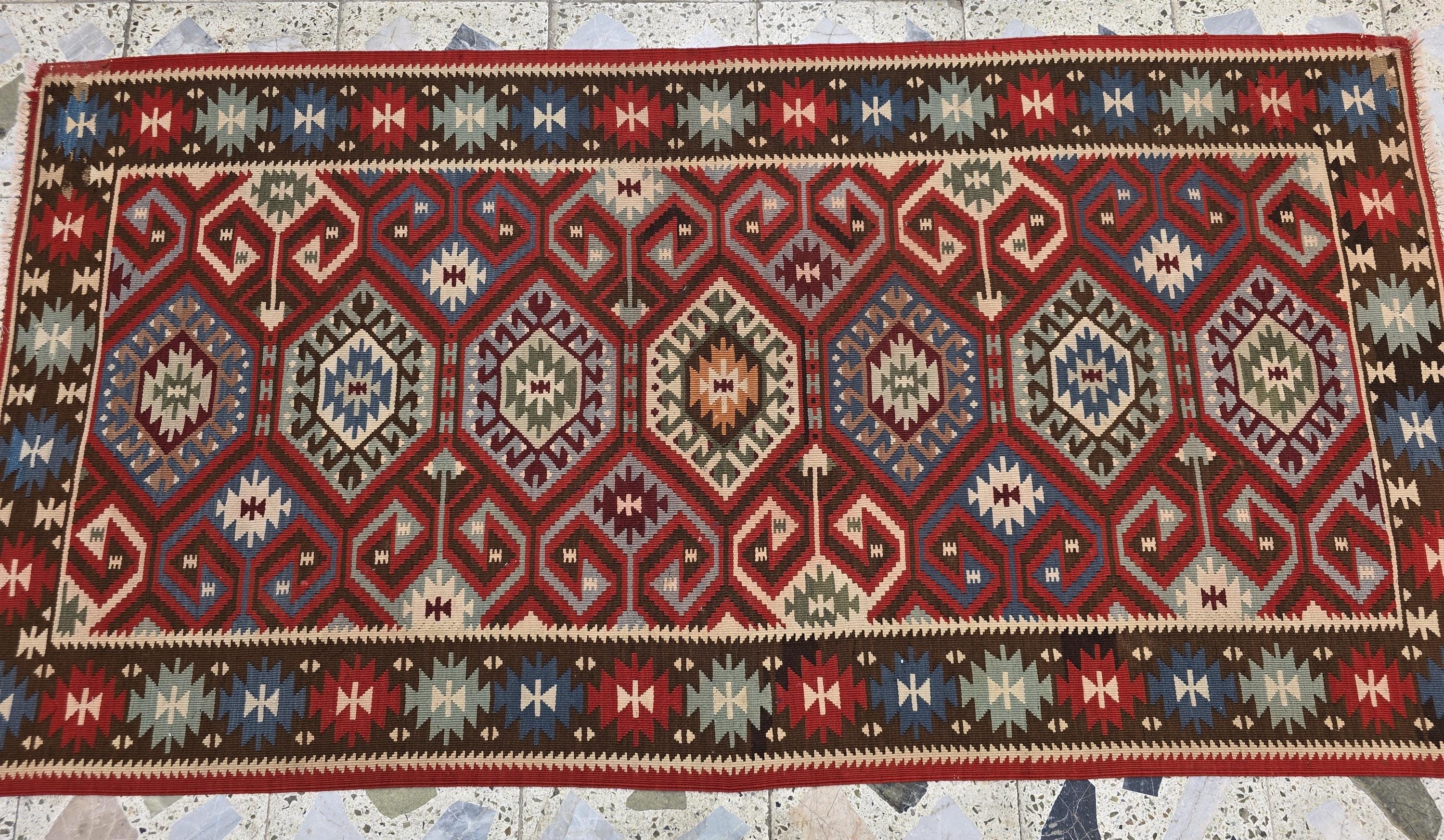 3x6 Afghan Kilim Rug – Tribal Geometric Pattern, Red Multicolor Flatweave Runner – Handmade Wool Boho Decor, Medium Hallway Entrance Rug