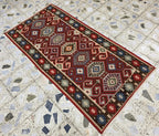 3x6 Afghan Kilim Rug – Tribal Geometric Pattern, Red Multicolor Flatweave Runner – Handmade Wool Boho Decor, Medium Hallway Entrance Rug