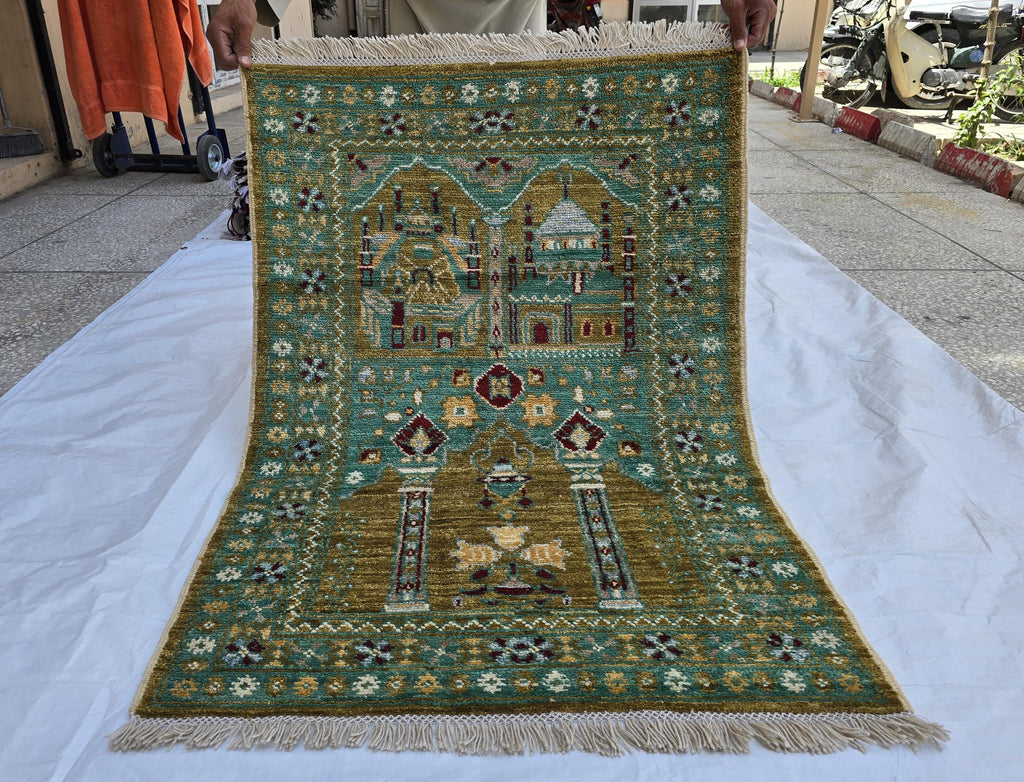 3x5 Turkmen Handwoven Jai Namaz, Rich Green Geometric Sift Pile Mat, Turkmen Wool Area Rug, Wall Hanging Rug, Home Decor, Afghan Art