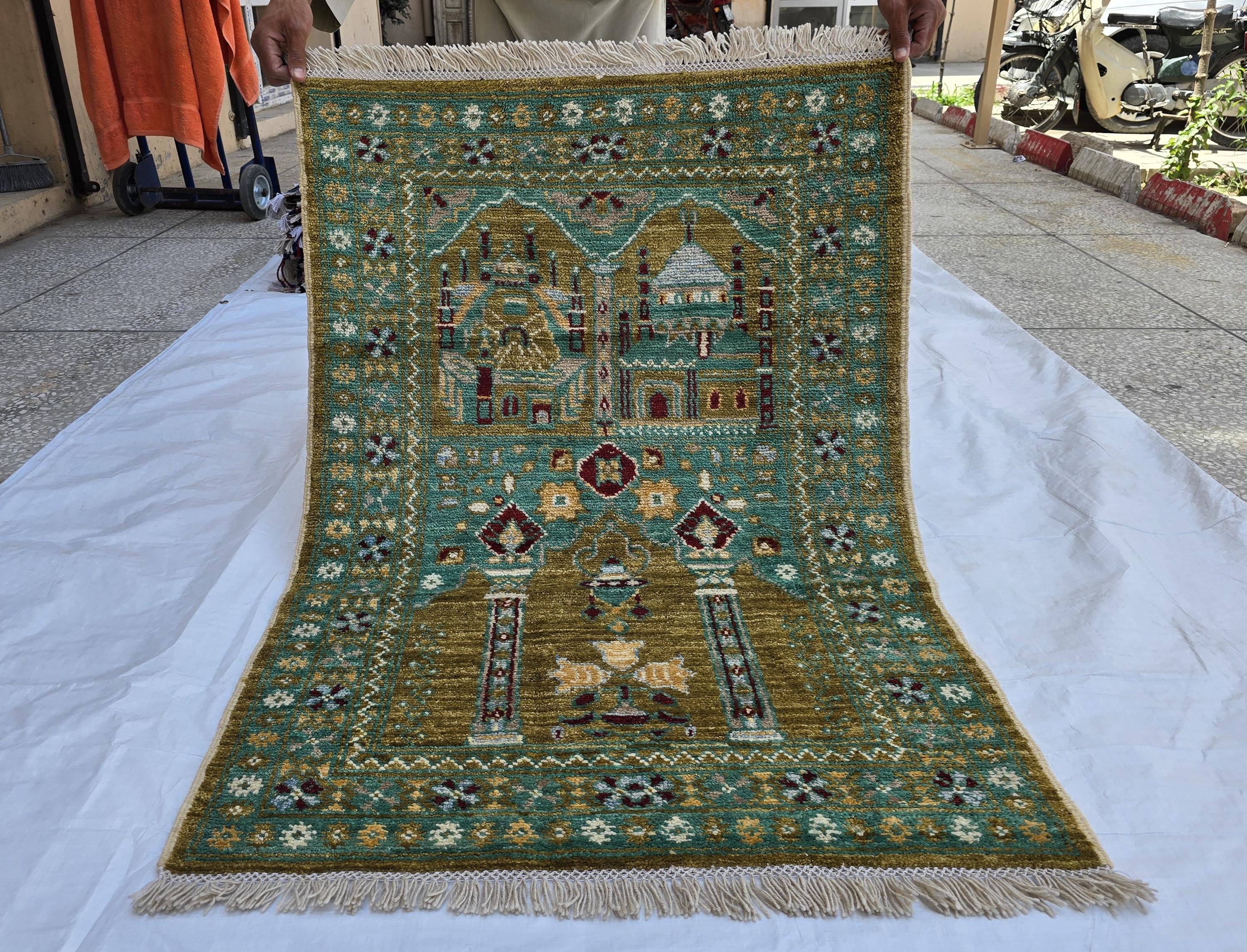 3x5 Turkmen Handwoven Jai Namaz, Rich Green Geometric Sift Pile Mat, Turkmen Wool Area Rug, Wall Hanging Rug, Home Decor, Afghan Art
