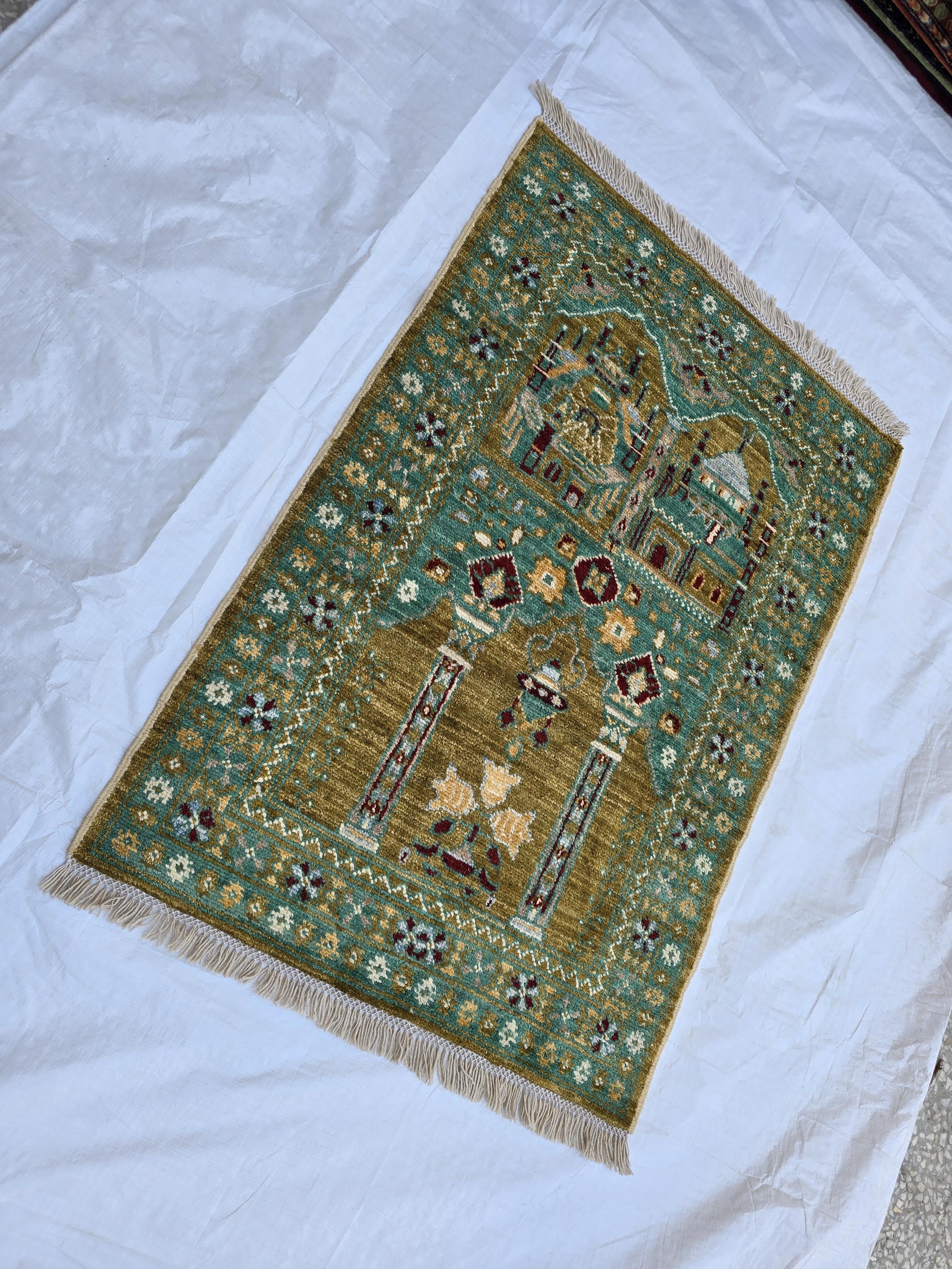 3x5 Turkmen Handwoven Jai Namaz, Rich Green Geometric Sift Pile Mat, Turkmen Wool Area Rug, Wall Hanging Rug, Home Decor, Afghan Art
