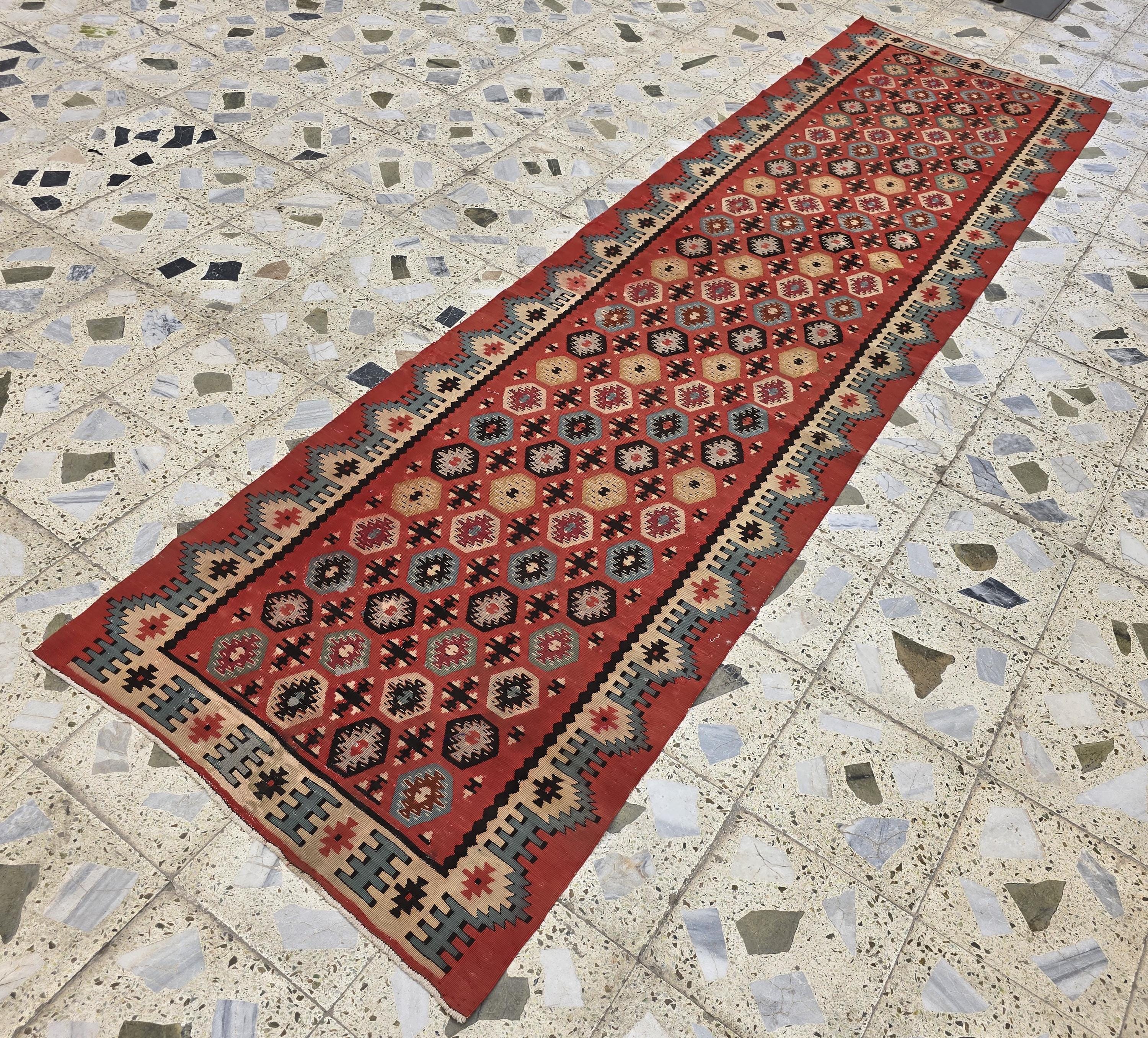 3x12 Vintage Afghan Kilim Runner – Handmade Tribal Red Multicolor Flatweave – Long Wool Corridor Rug, Geometric Pattern, Hallway Rug 340x92
