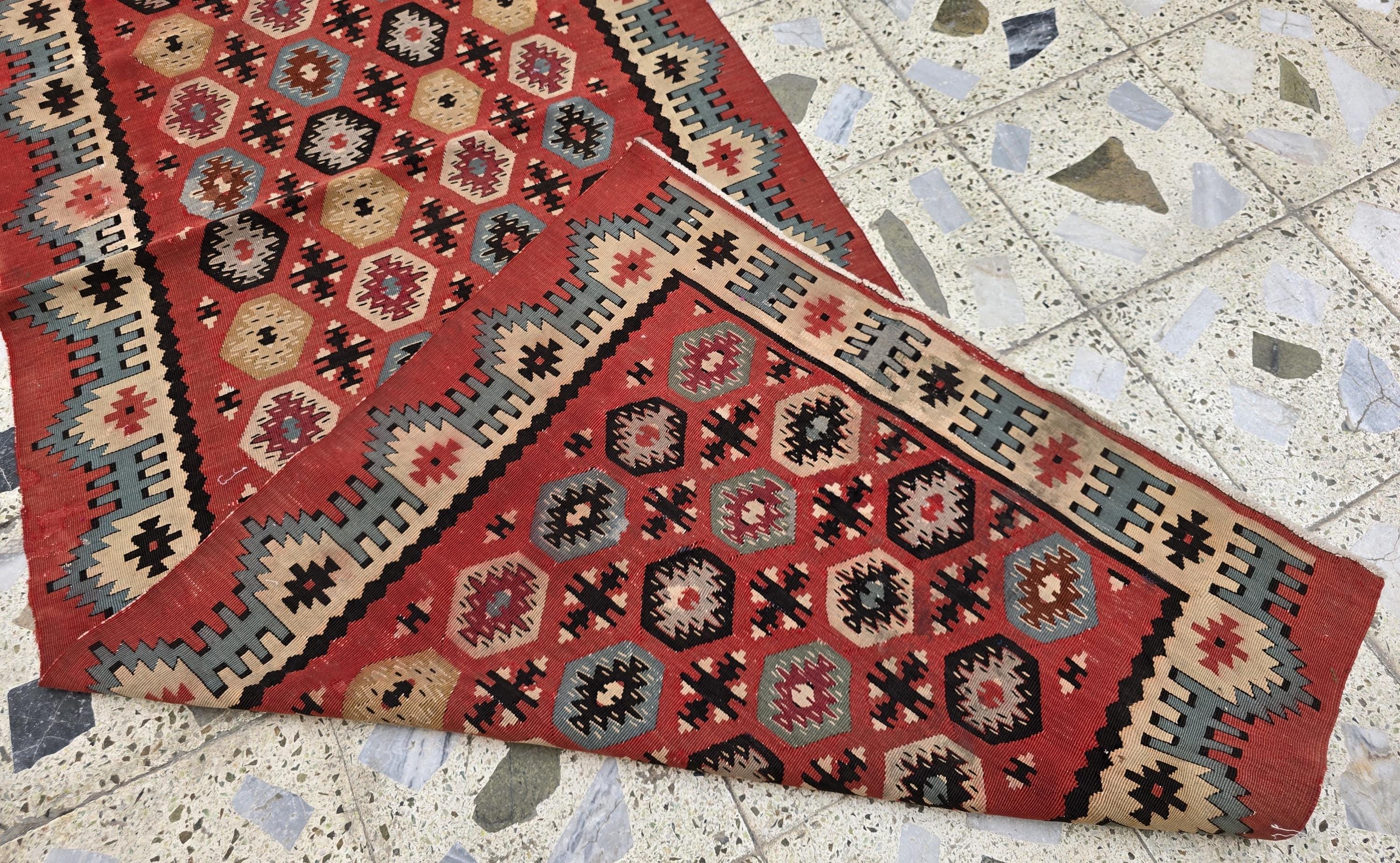 3x12 Vintage Afghan Kilim Runner – Handmade Tribal Red Multicolor Flatweave – Long Wool Corridor Rug, Geometric Pattern, Hallway Rug 340x92