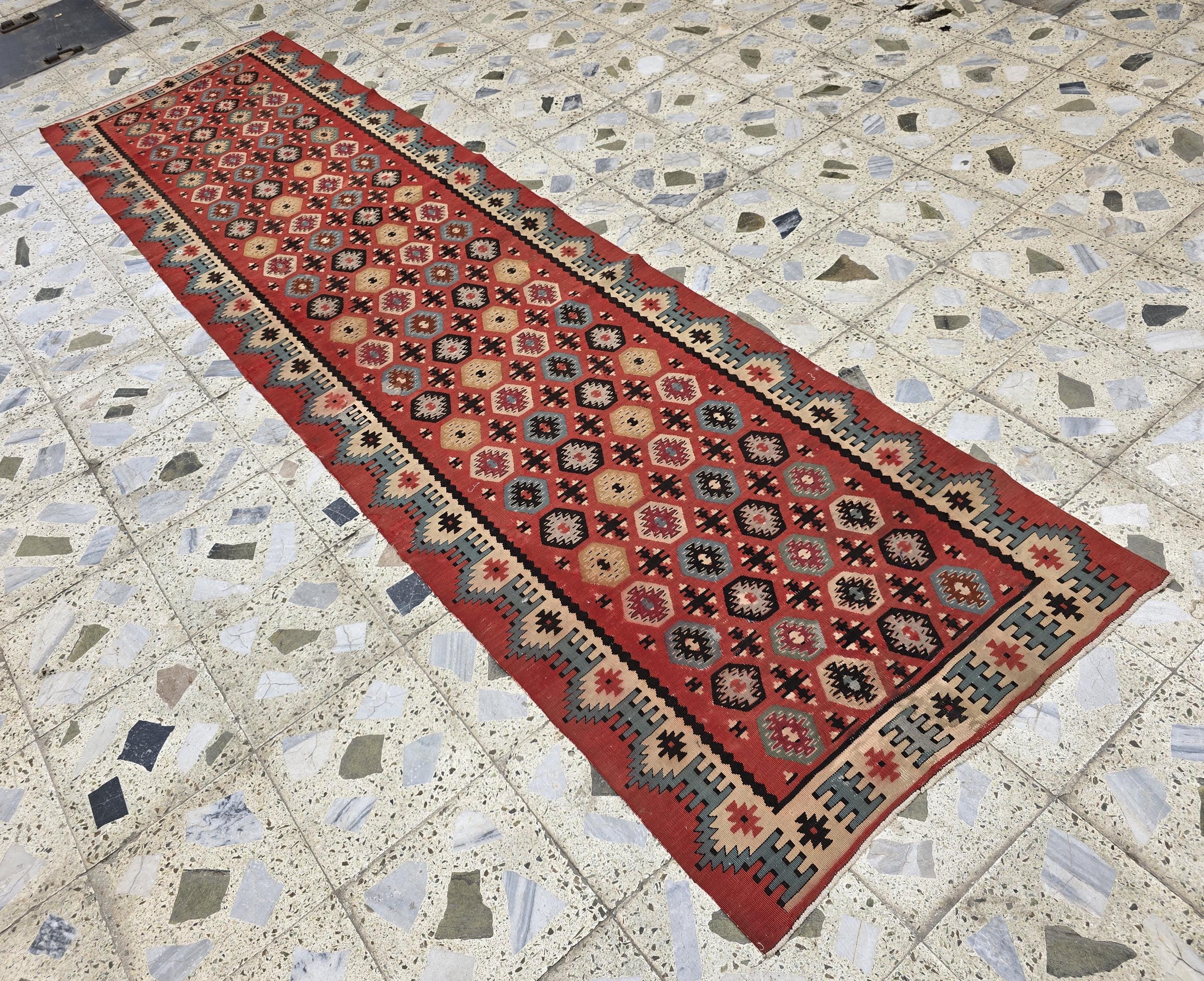 3x12 Vintage Afghan Kilim Runner – Handmade Tribal Red Multicolor Flatweave – Long Wool Corridor Rug, Geometric Pattern, Hallway Rug 340x92
