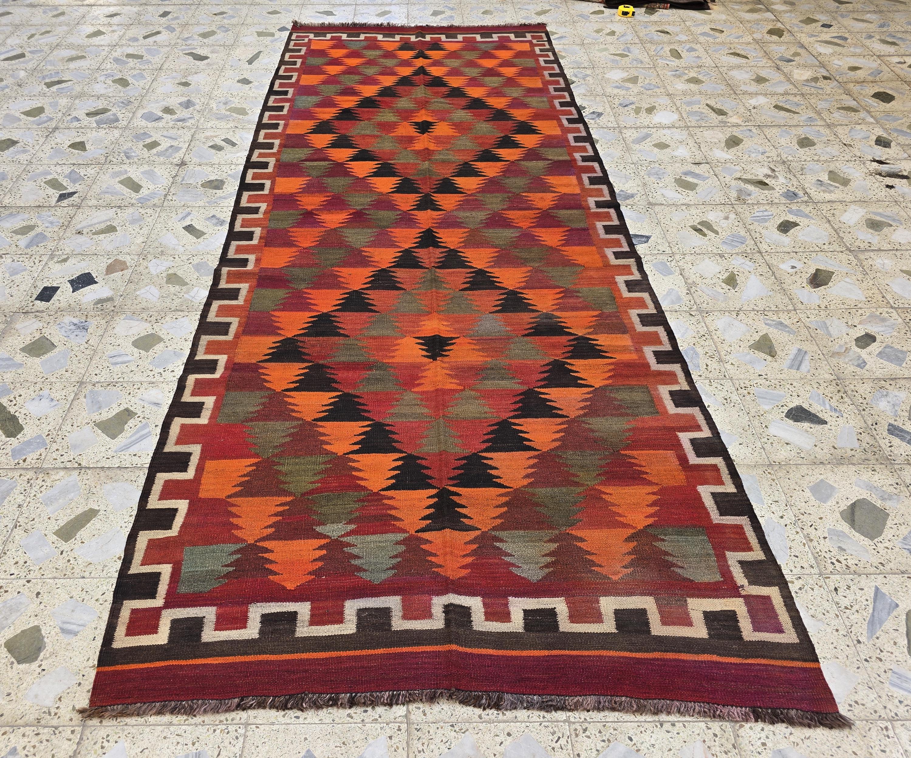 4x12 Large Vintage Afghan Kilim Rug – Handwoven Wool Tribal Geometric Runner – Boho Multicolor Hallway Rug, Earth Tones, Living Room Rug