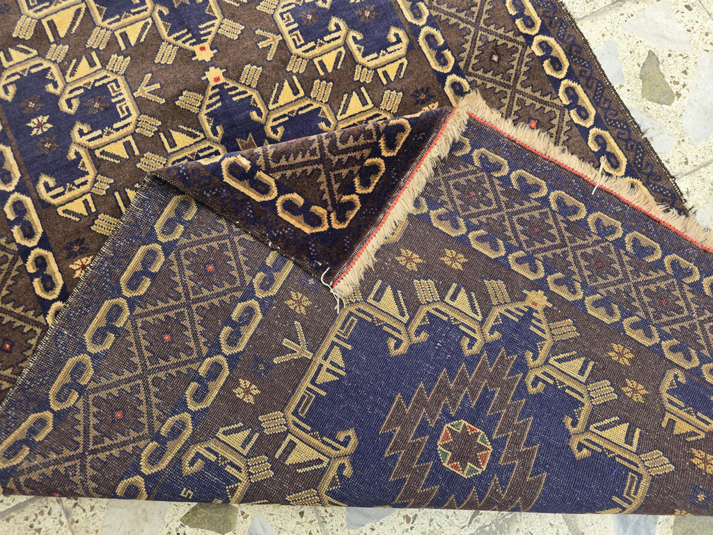 4x7ft Vintage Baluchi Rug Handwoven Tribal Afghan Carpet | Deep Indigo Blue & Earthy Brown Tones | Geometric Nomadic Design | Wool Area Rug