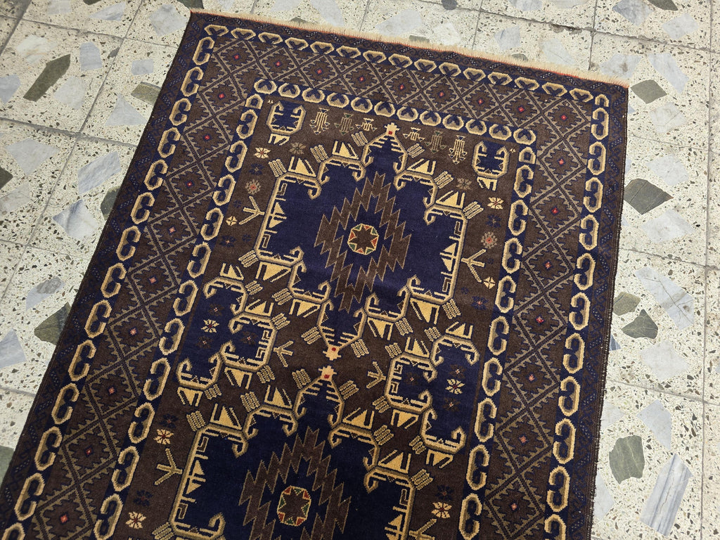 4x7ft Vintage Baluchi Rug Handwoven Tribal Afghan Carpet | Deep Indigo Blue & Earthy Brown Tones | Geometric Nomadic Design | Wool Area Rug