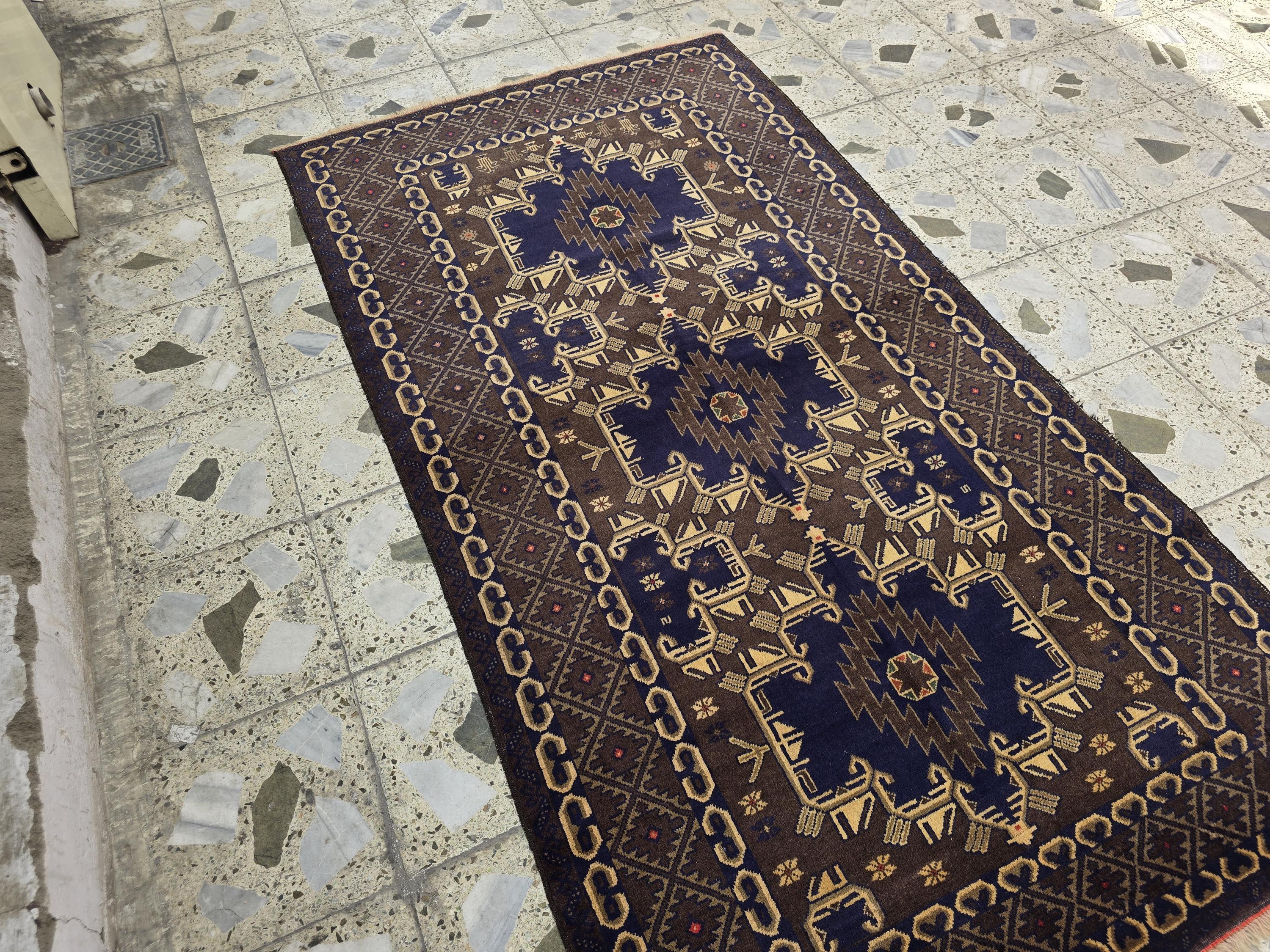 4x7ft Vintage Baluchi Rug Handwoven Tribal Afghan Carpet | Deep Indigo Blue & Earthy Brown Tones | Geometric Nomadic Design | Wool Area Rug