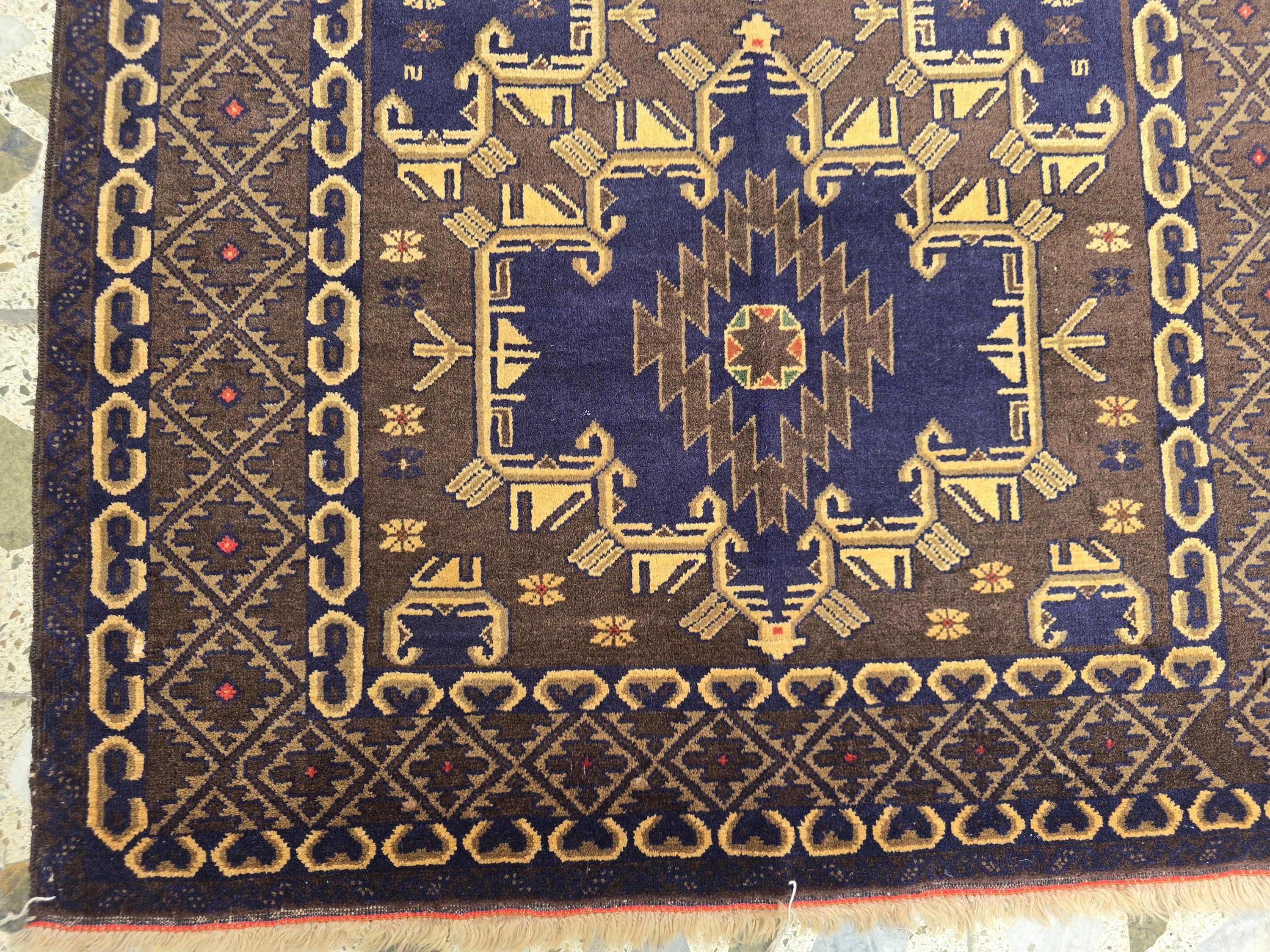 4x7ft Vintage Baluchi Rug Handwoven Tribal Afghan Carpet | Deep Indigo Blue & Earthy Brown Tones | Geometric Nomadic Design | Wool Area Rug