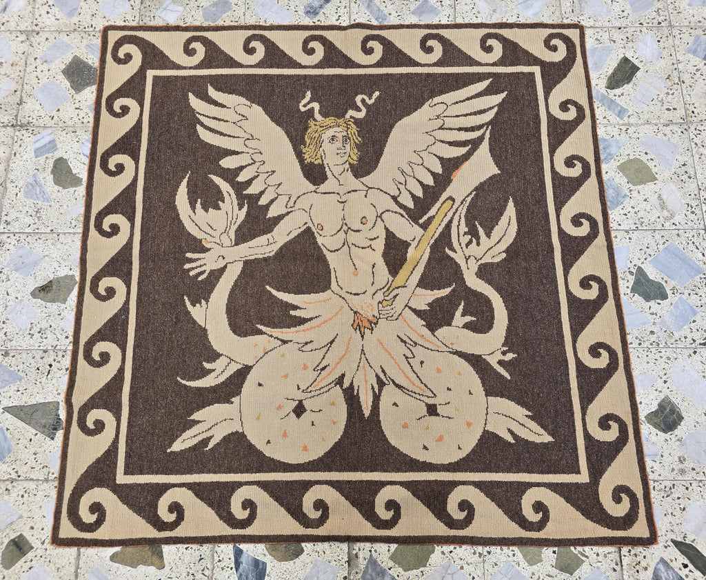 4x4ft Handwoven Mythological Tapestry Rug – Winged Serpent Deity Design | Tribal Wall Hanging | Bohemian Art Rug, Wall Decor