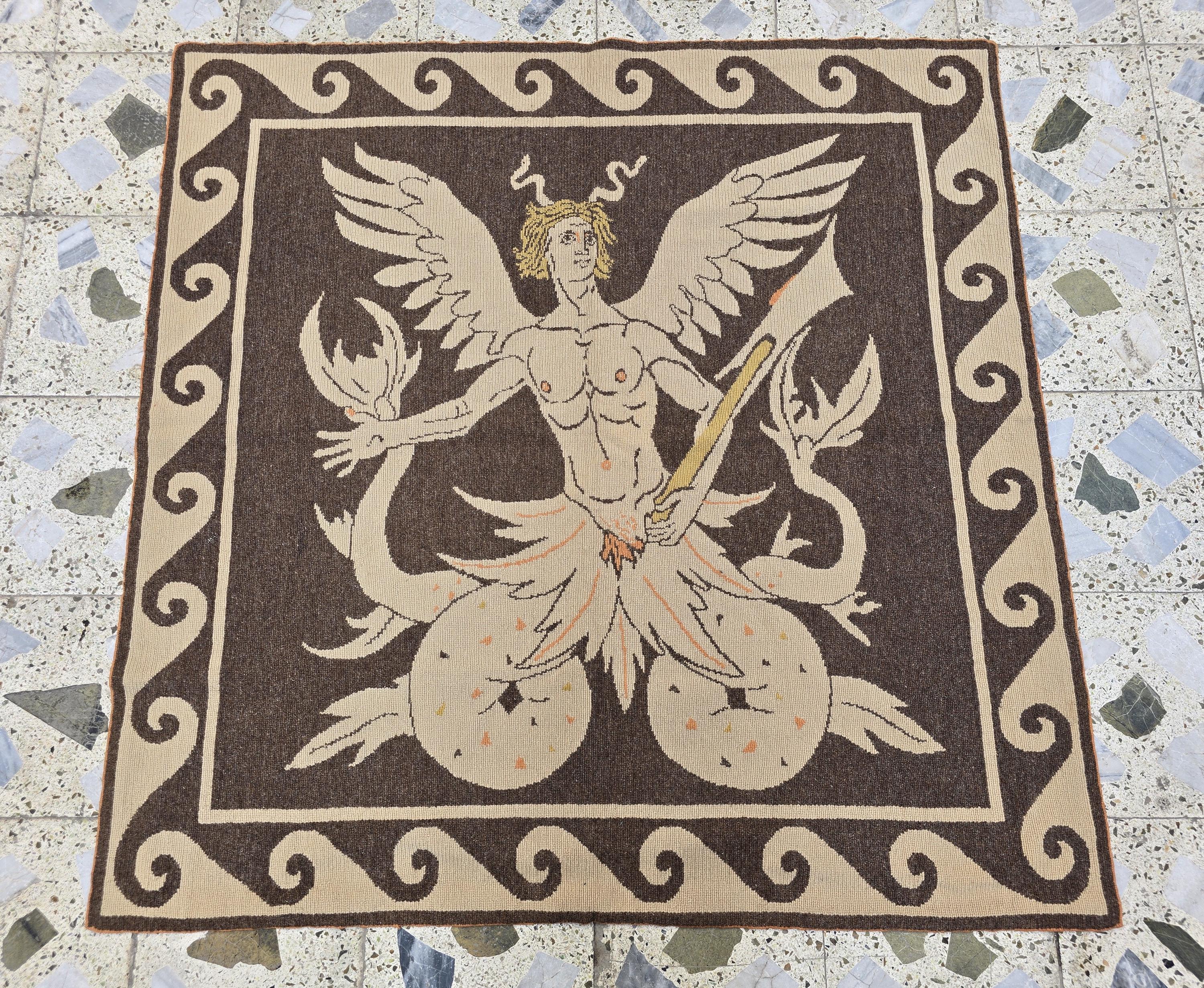 4x4ft Handwoven Mythological Tapestry Rug – Winged Serpent Deity Design | Tribal Wall Hanging | Bohemian Art Rug, Wall Decor