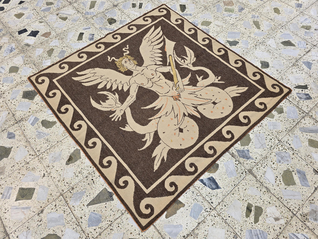 4x4ft Handwoven Mythological Tapestry Rug – Winged Serpent Deity Design | Tribal Wall Hanging | Bohemian Art Rug, Wall Decor